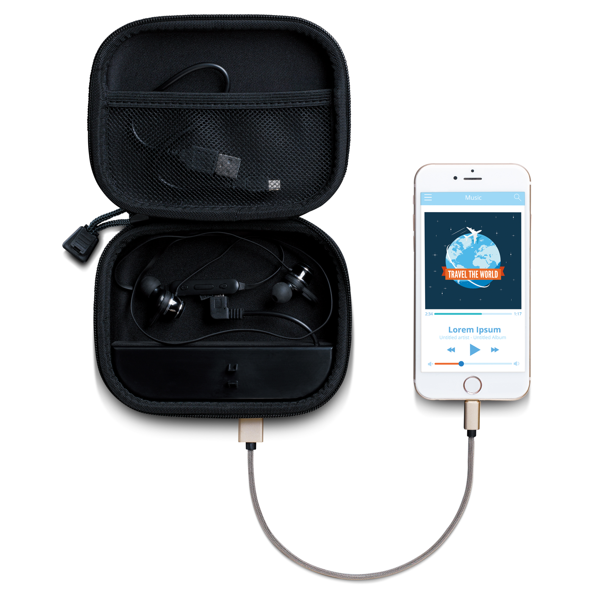 Zwarte case met koptelefoon, verbonden met een smartphone met een muziek-app, Travel the World, witte achtergrond.
