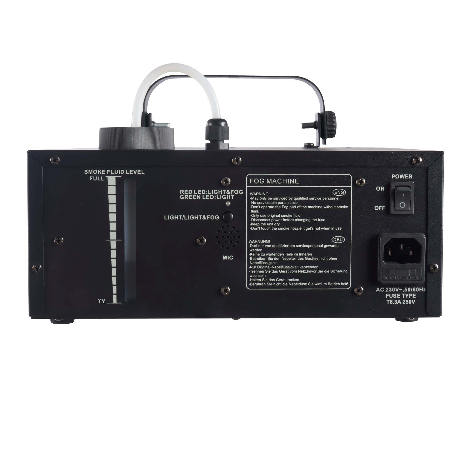 A black fog machine with controls and warnings, on a white background.