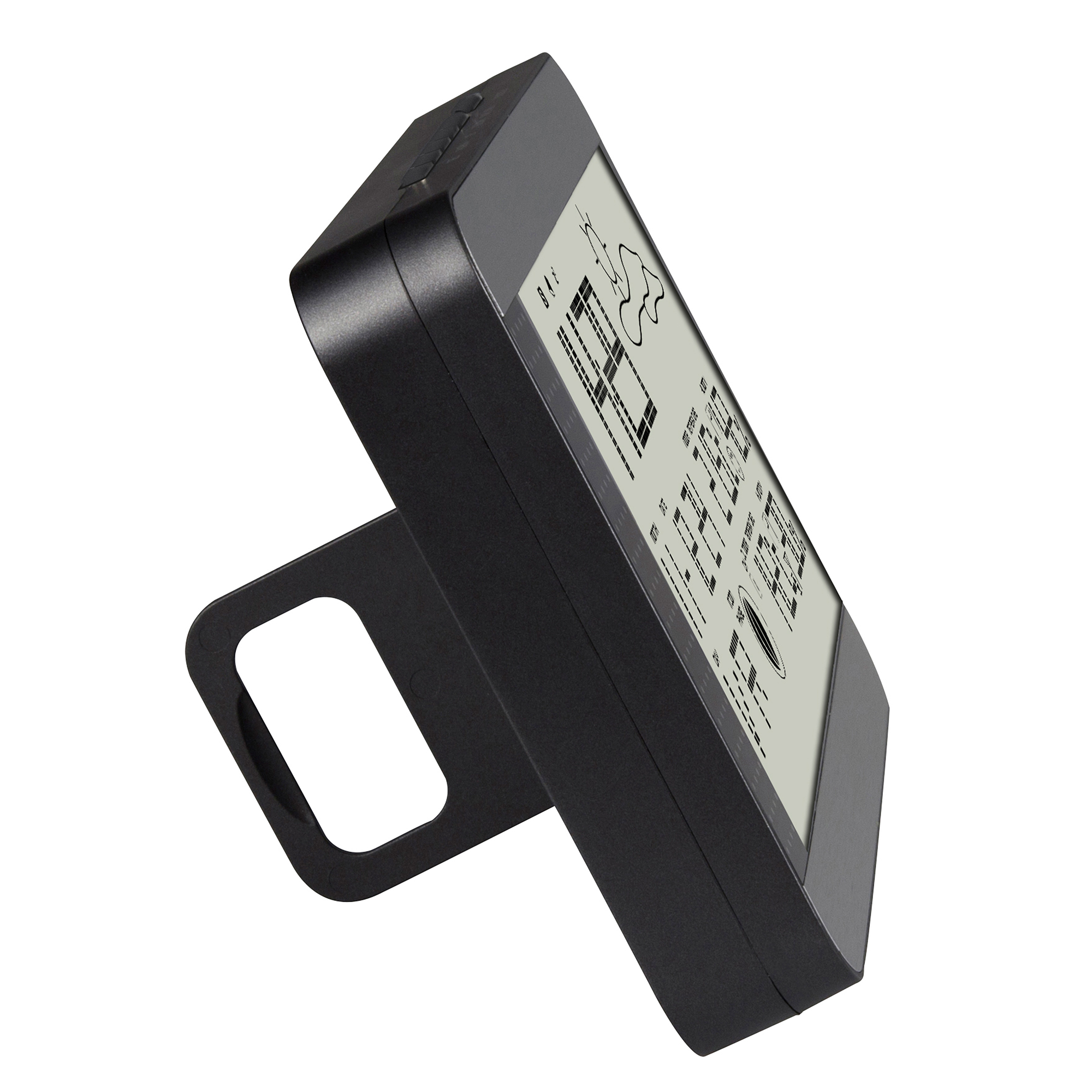 Czarny zegar cyfrowy ze stojakiem. Wyświetla czas i inne informacje. Ekran jest szary.