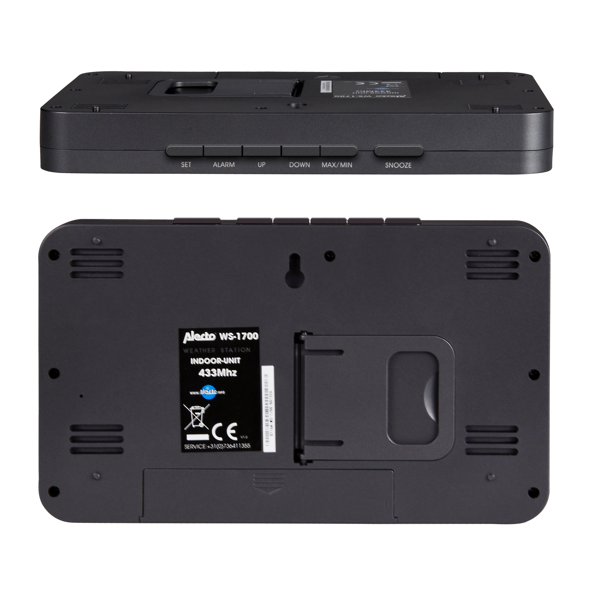 Tył i góra czarnej stacji pogodowej z przyciskami i wyświetlaczem.