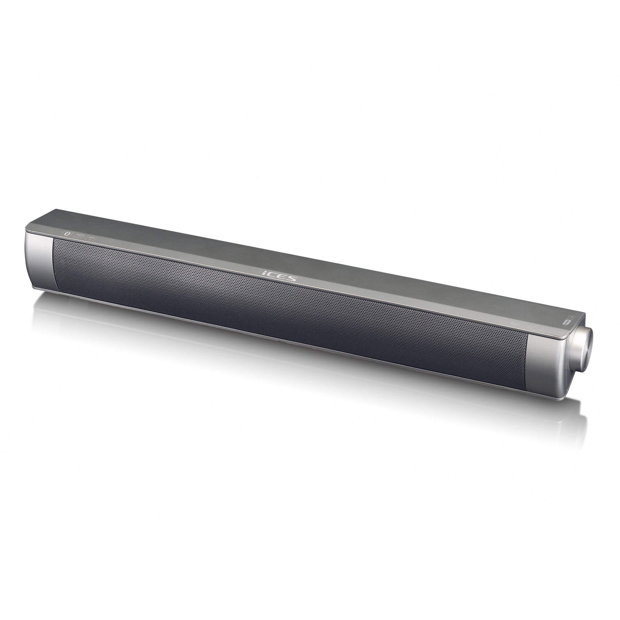 Eine silberne Soundbar mit einem dunklen Mesh-Lautsprecherbereich und der Marke 'ICES' oben.