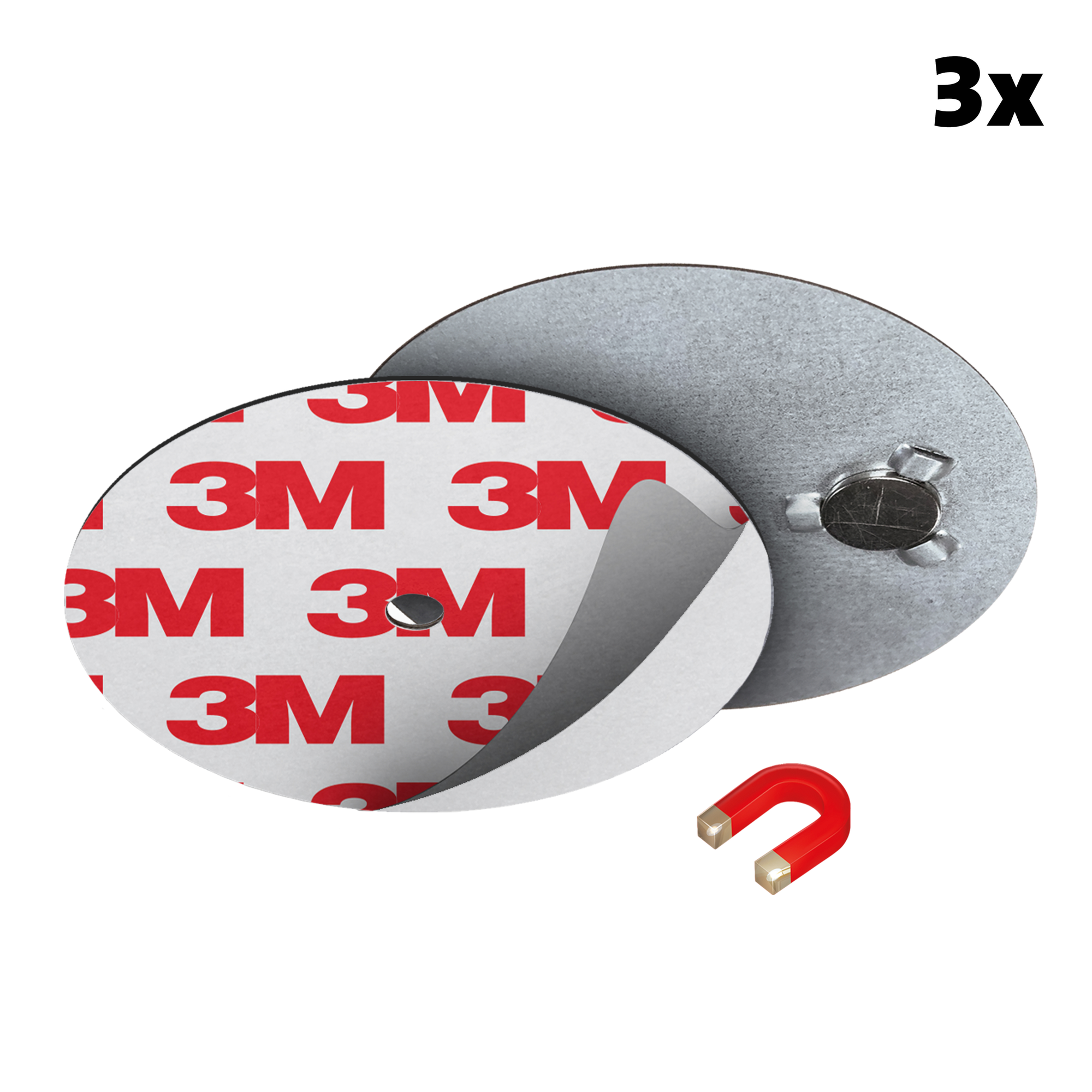 Drei runde Haftmagnete mit Magnet.