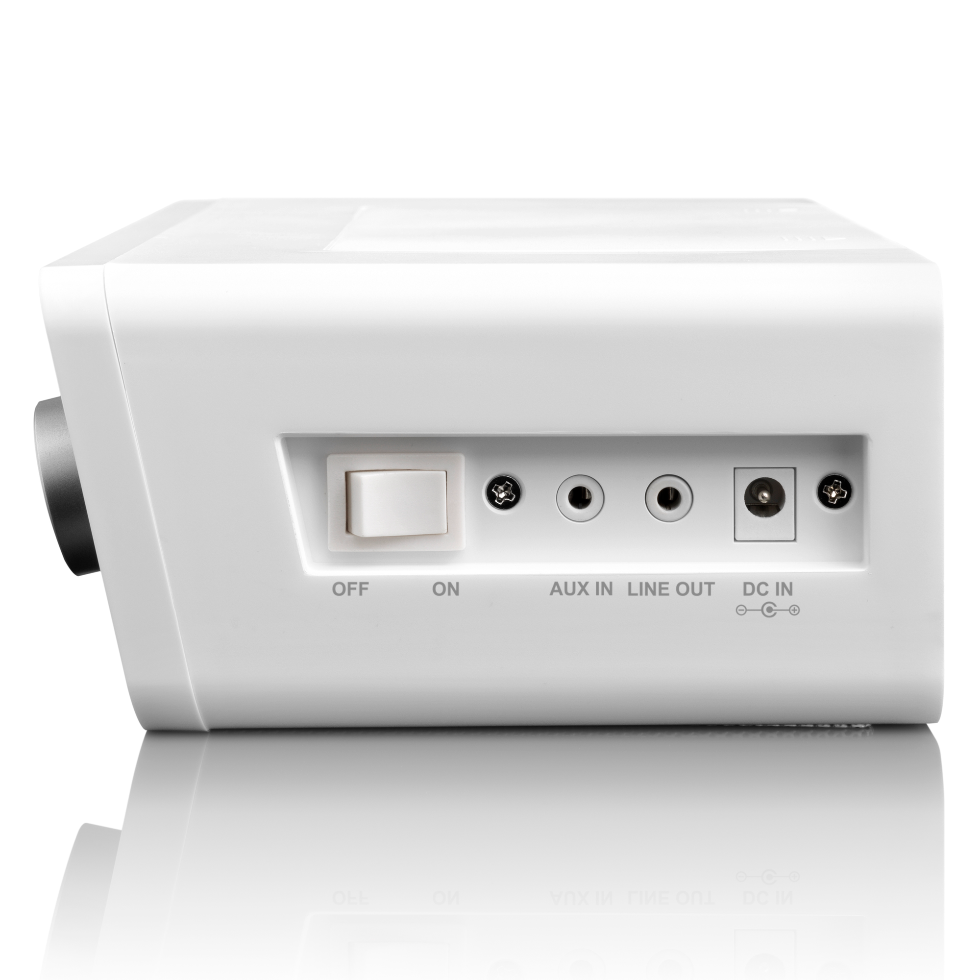 White electronic device with a power switch, input jacks, and a DC in port.