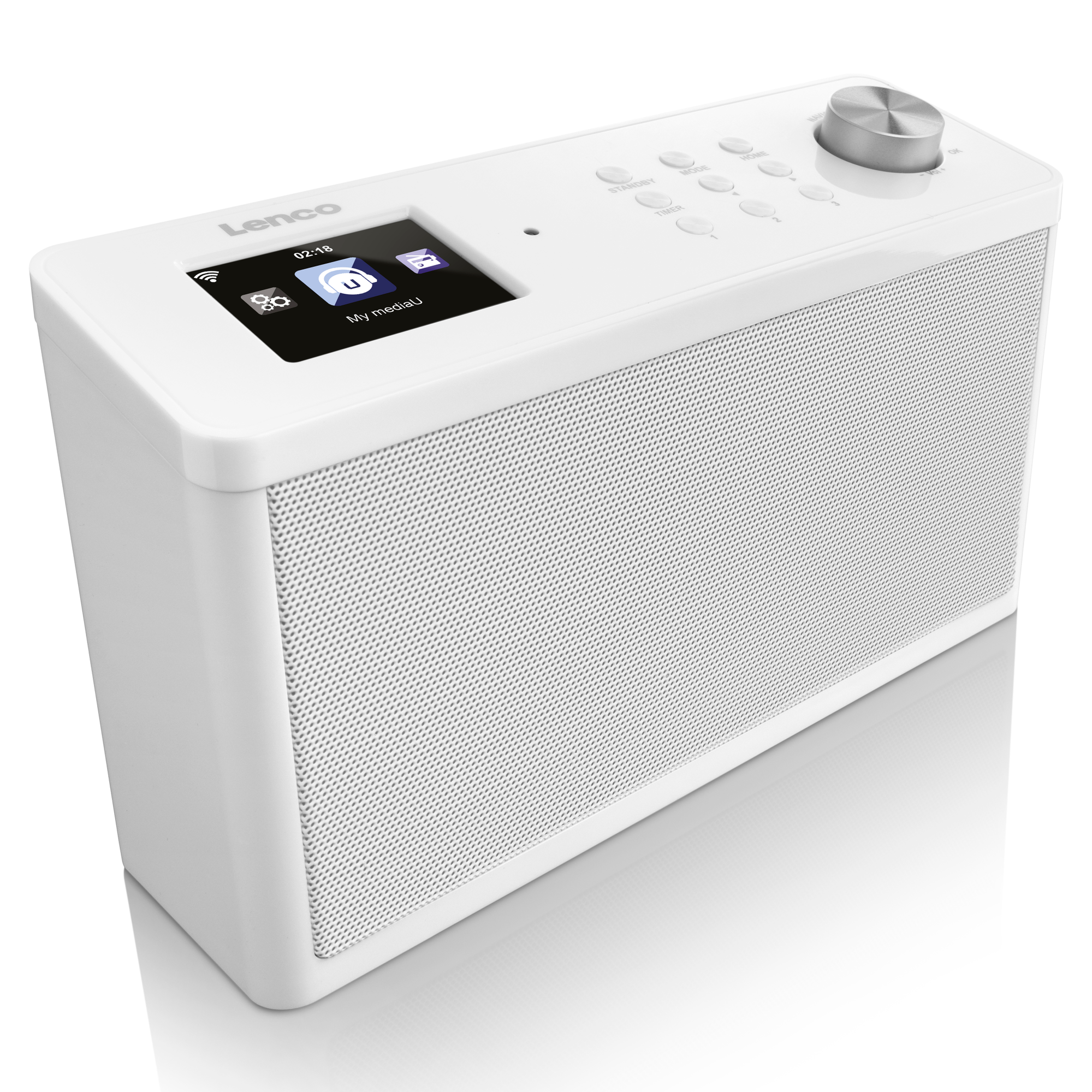White Lenco radio with a screen, buttons, and a silver knob on a white surface.