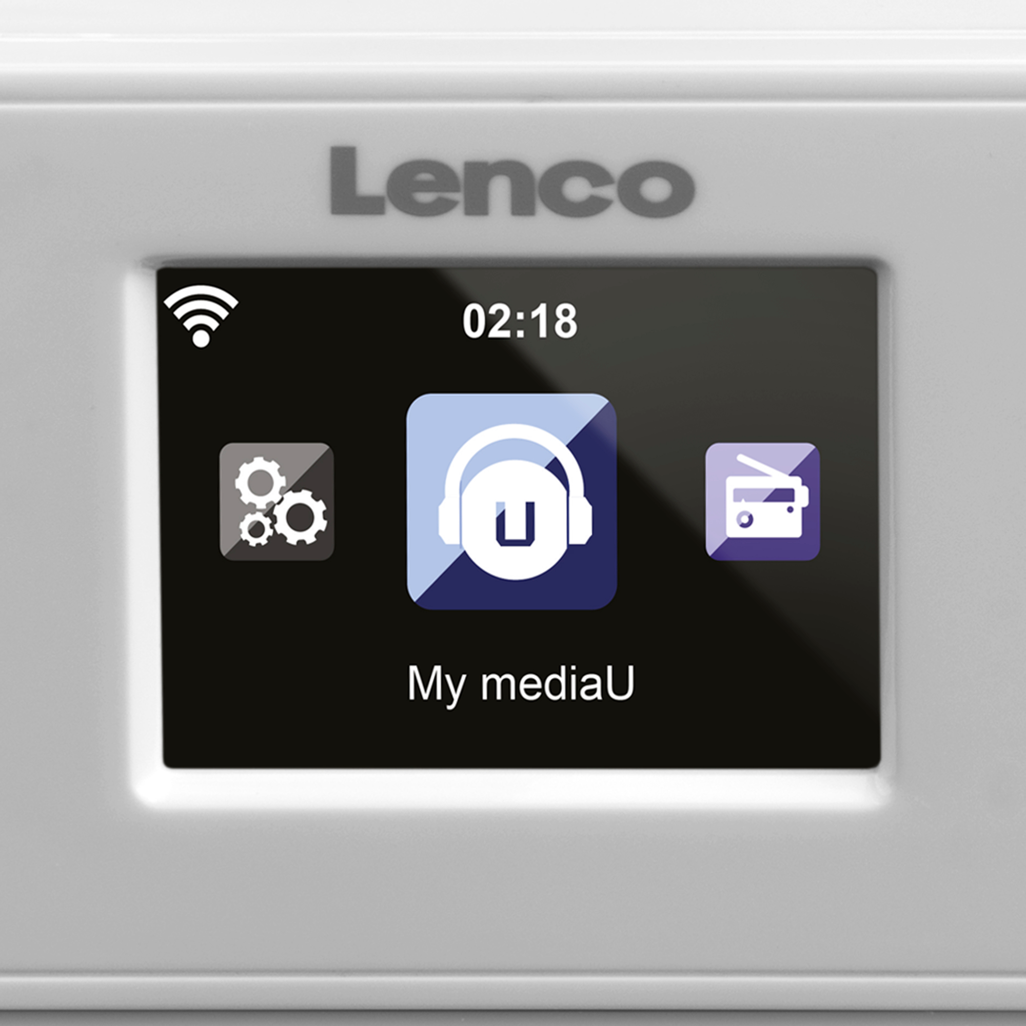 White Lenco radio with a screen displaying time, a WiFi symbol, and music-related icons. White background.