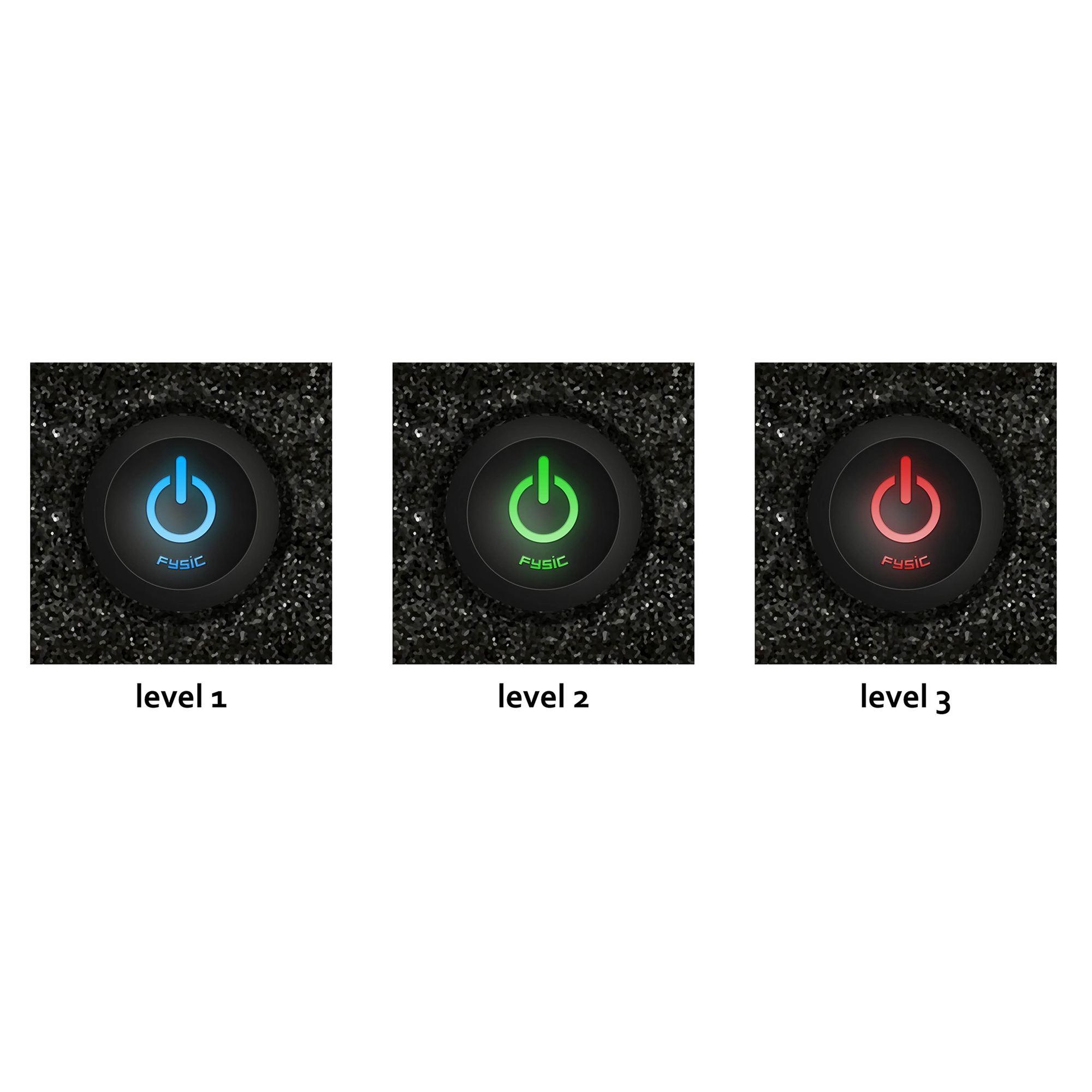 Drei beleuchtete Power-Buttons in Blau, Grün und Rot, mit dem Wort 'FYSIC'.
