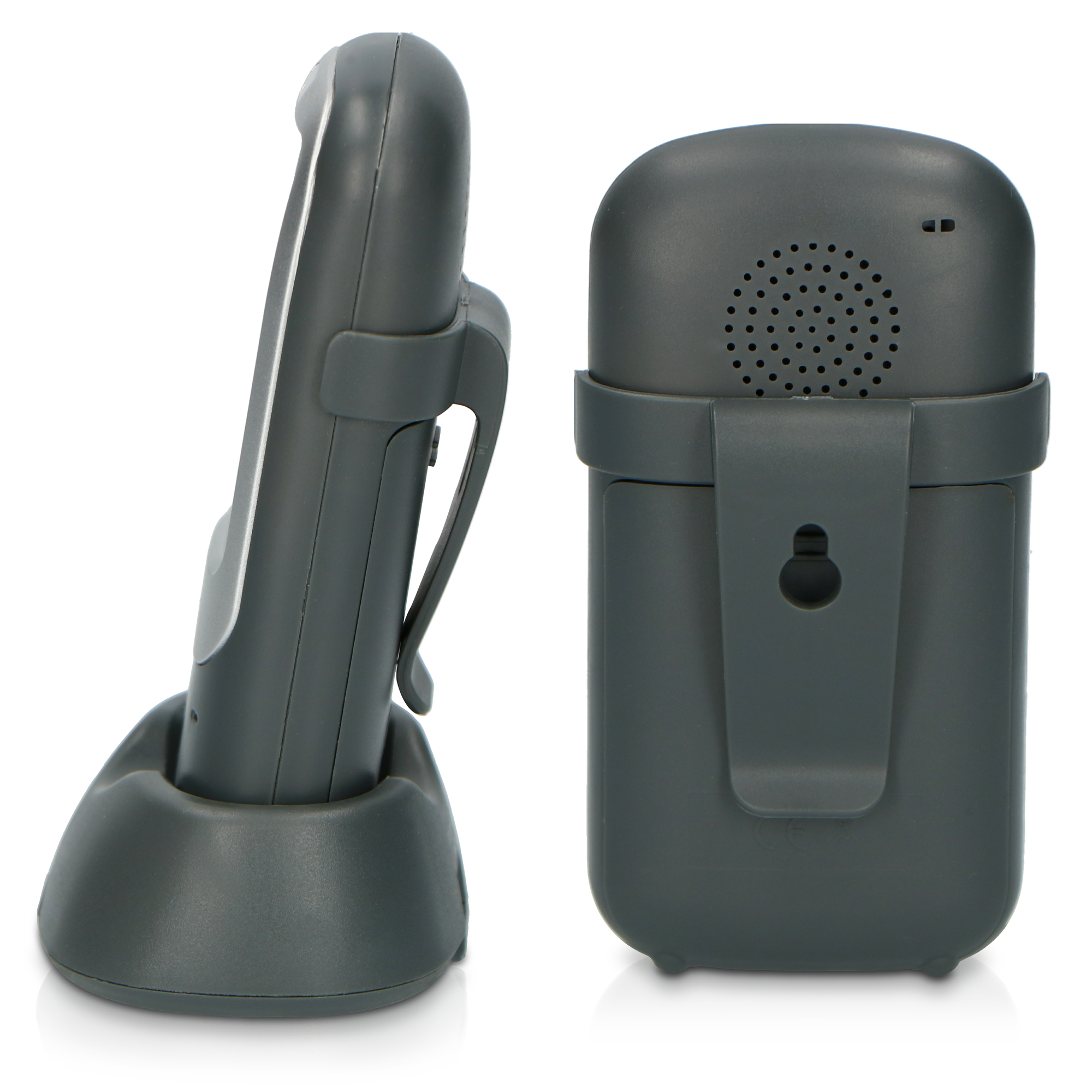 Eine graue Babyphonebasis und ein Monitor mit Clip, Seiten- und Vorderansicht.