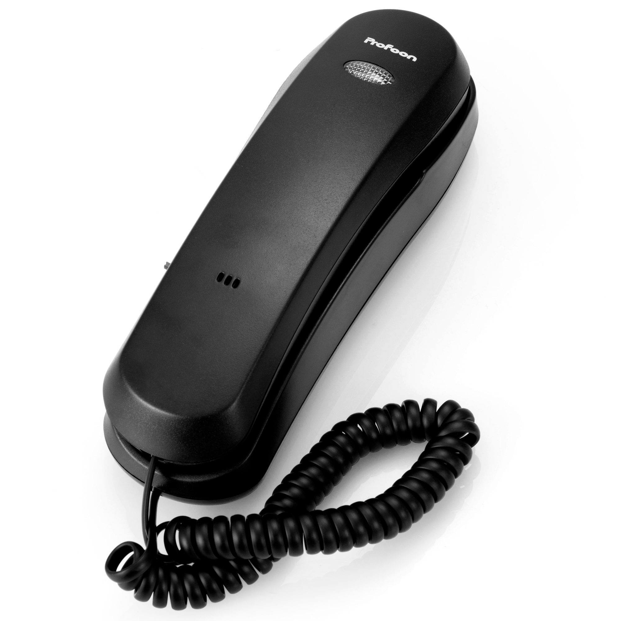 Schwarzer Telefonhörer mit Schnur auf weißem Grund.