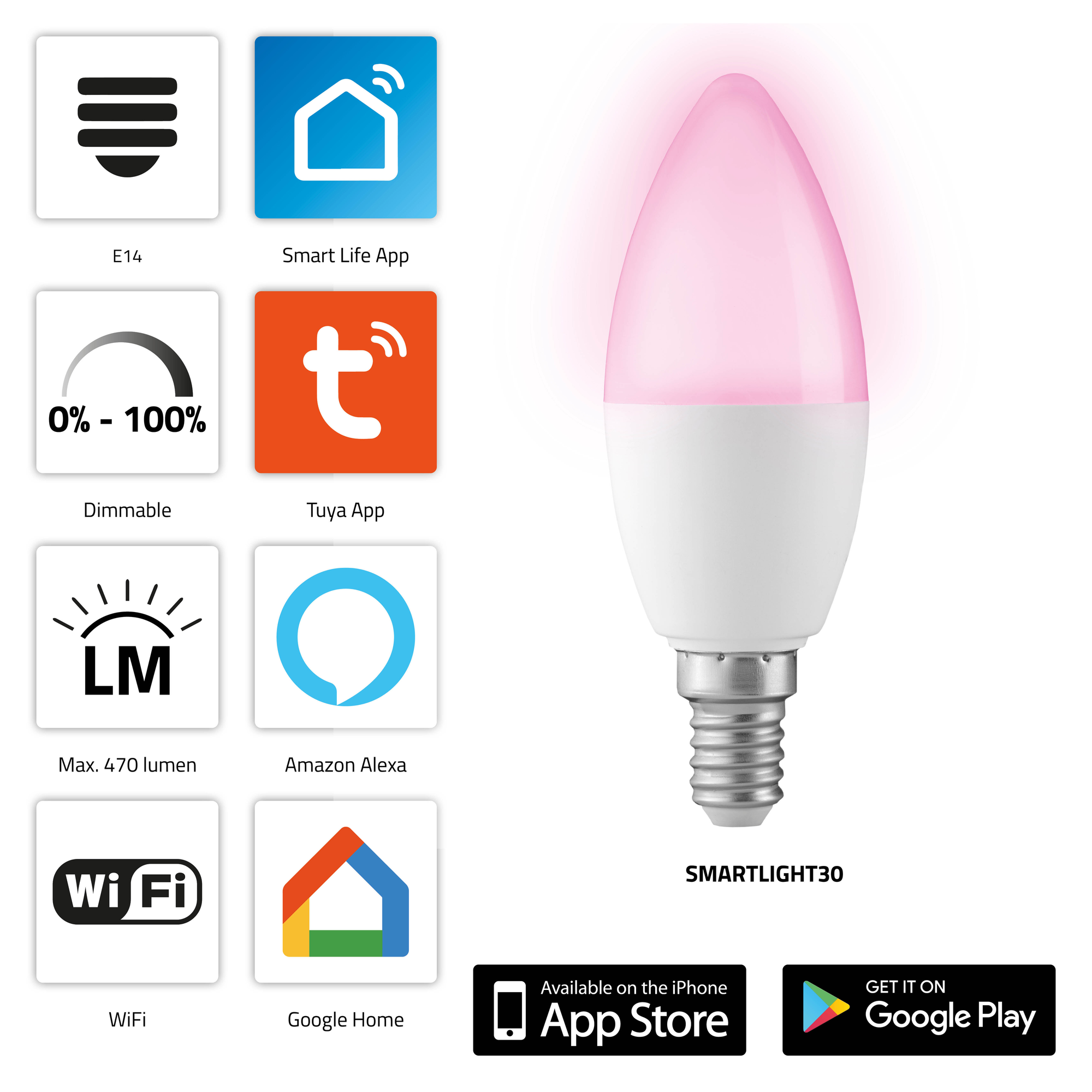ALECTO SMARTLIGHT30 - mit WLAN-LED-Glühlampe RGB E14-Sockel smarte,mehrfarbige