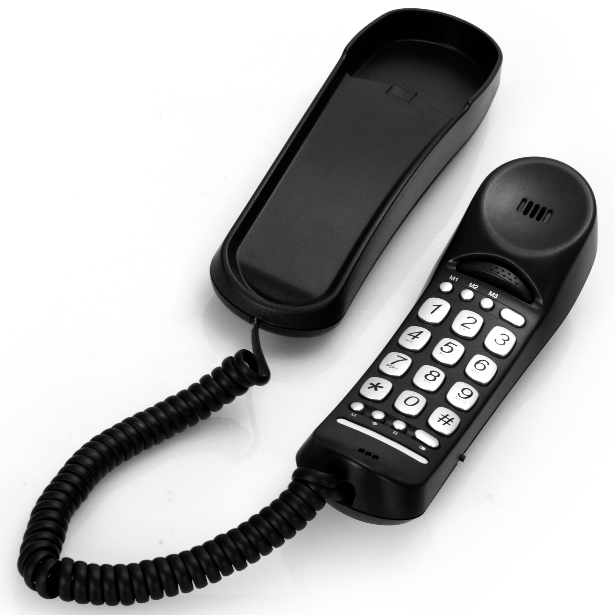 Schwarzes Telefon mit Hörer und Spiralkabel. Mit numerischer Tastatur und Funktionstasten. Weißer Hintergrund.