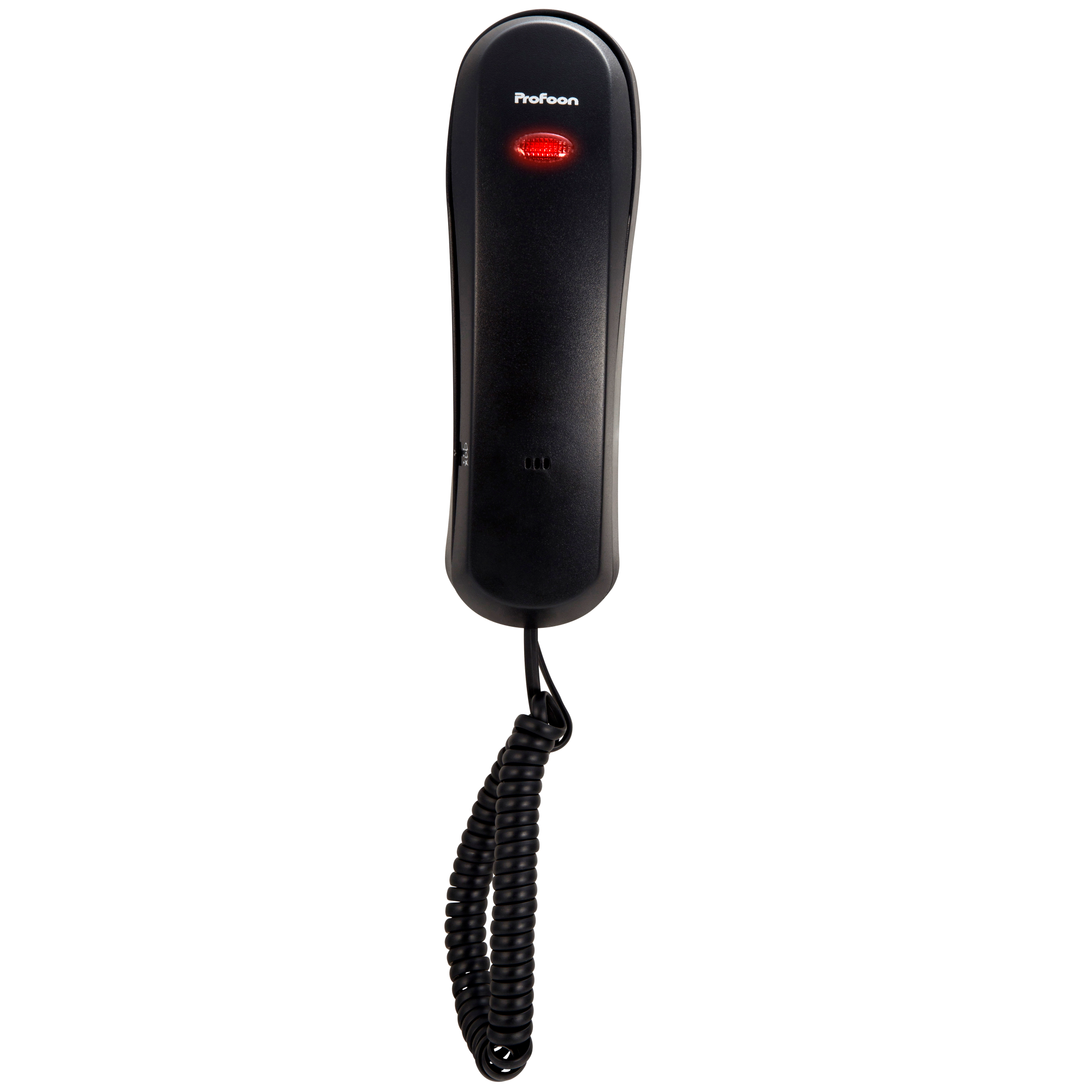 Schwarzes Telefon mit rotem Licht. Das Telefon hat einen geschwungenen Körper und ein Spiralkabel.