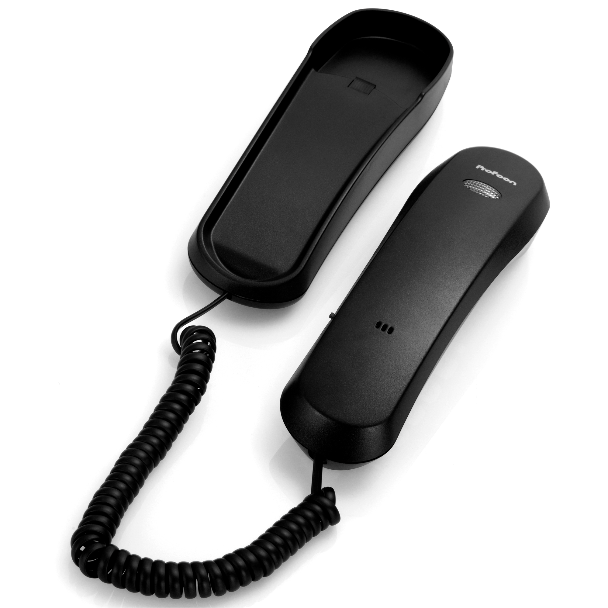 Schwarzes Telefonhörer und -basis. Der Hörer ist vom Sockel und eine Spiralschnur verbindet sie. Weißer Hintergrund.