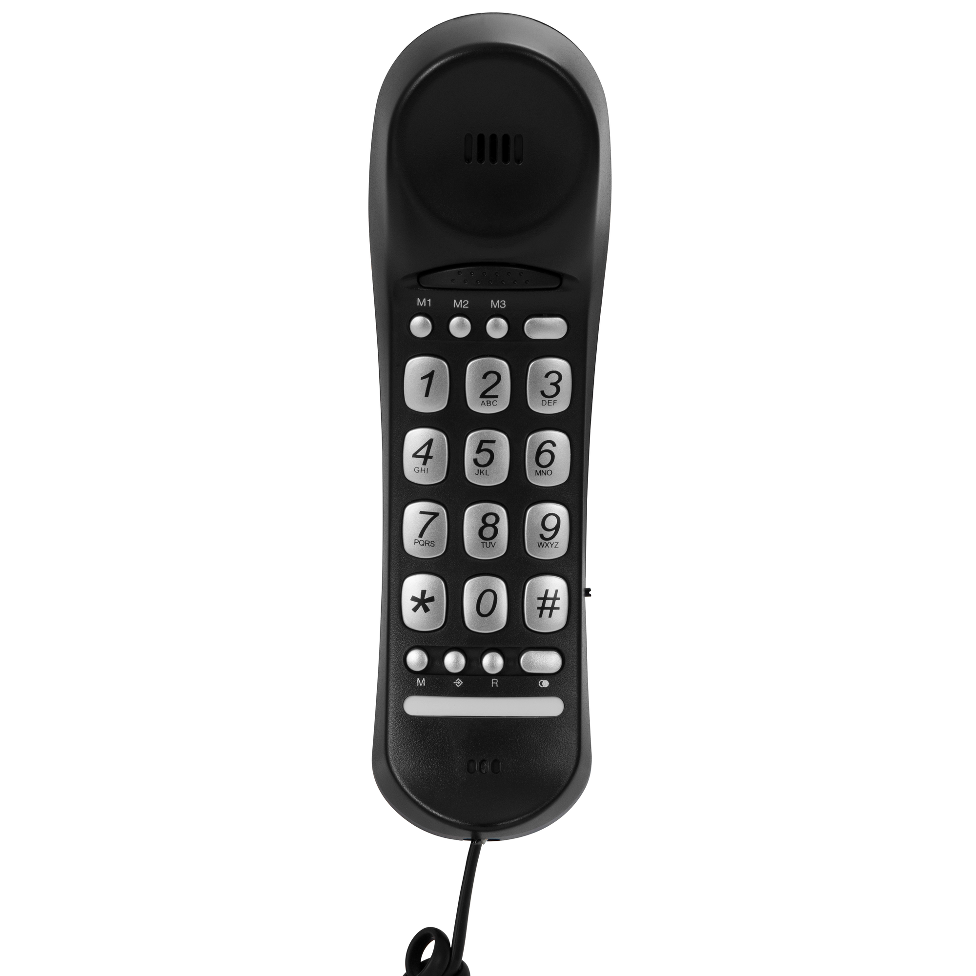 Schwarzes Festnetztelefon mit großen Tasten und Spiralkabel.