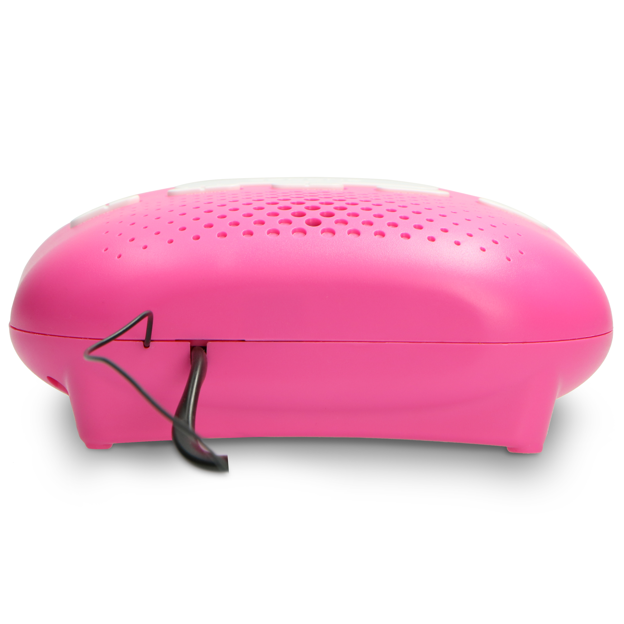 A pink speaker with a perforated top and a black power cord plugged into the side.