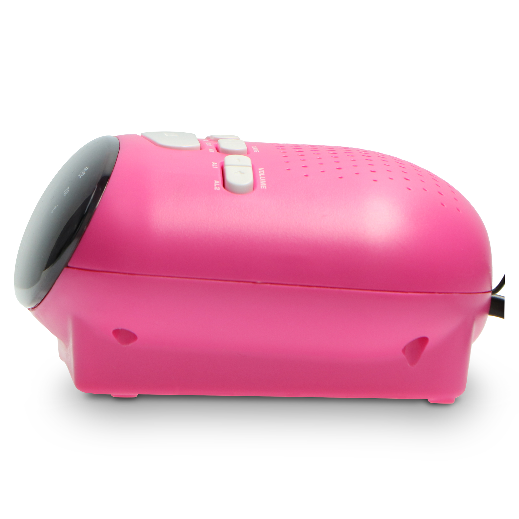 Pink alarm clock, side view, with buttons and a speaker. White background.