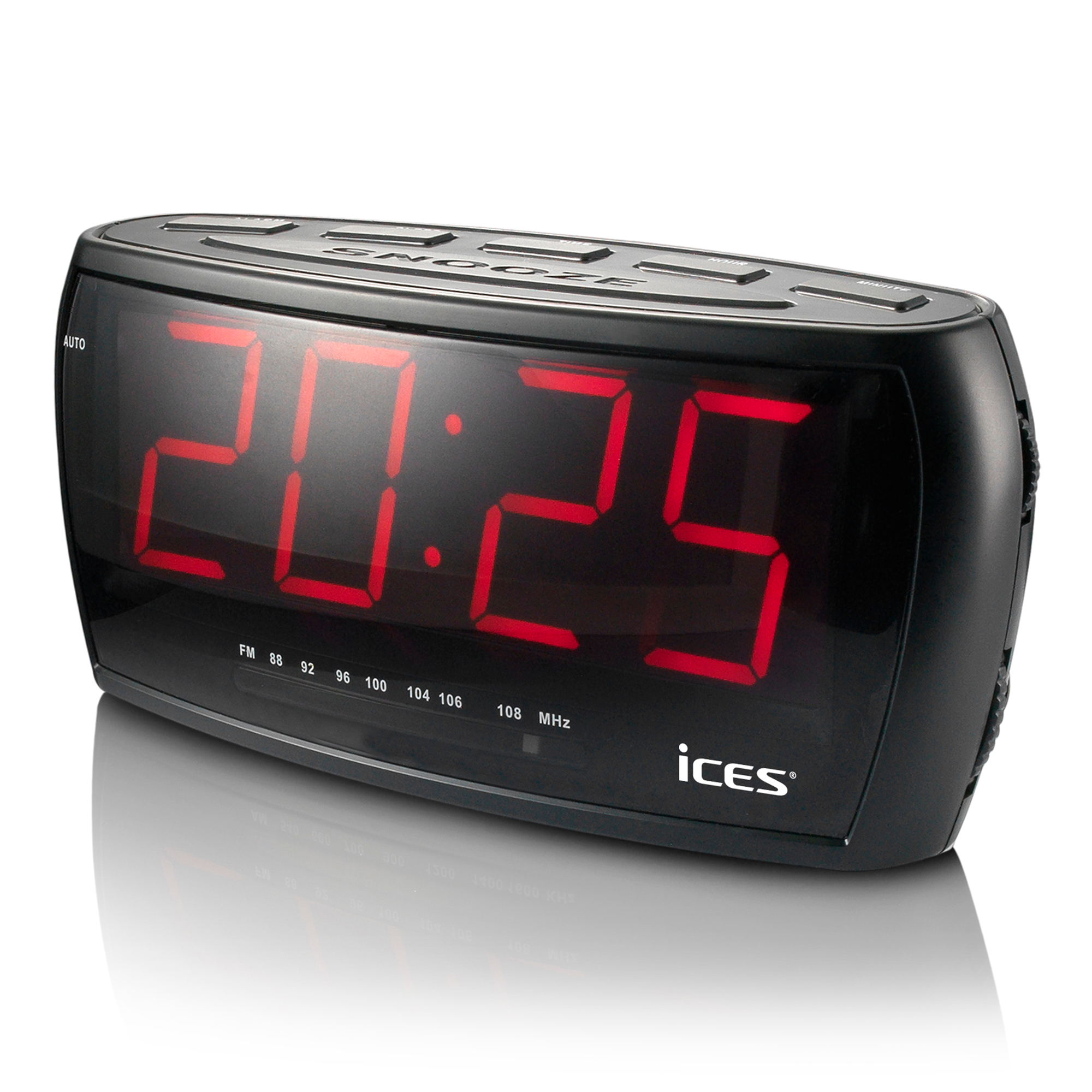 Black alarm clock with large red digital numbers, and a glossy surface.
