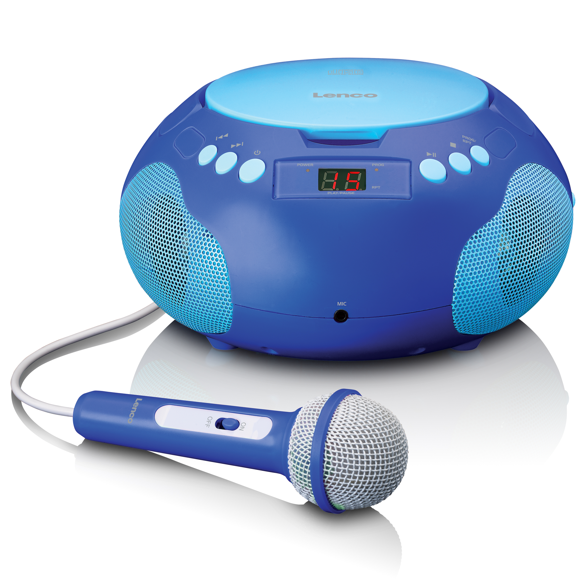 Un boombox Lenco blu con microfono. Ha un lettore CD, un display e pulsanti.