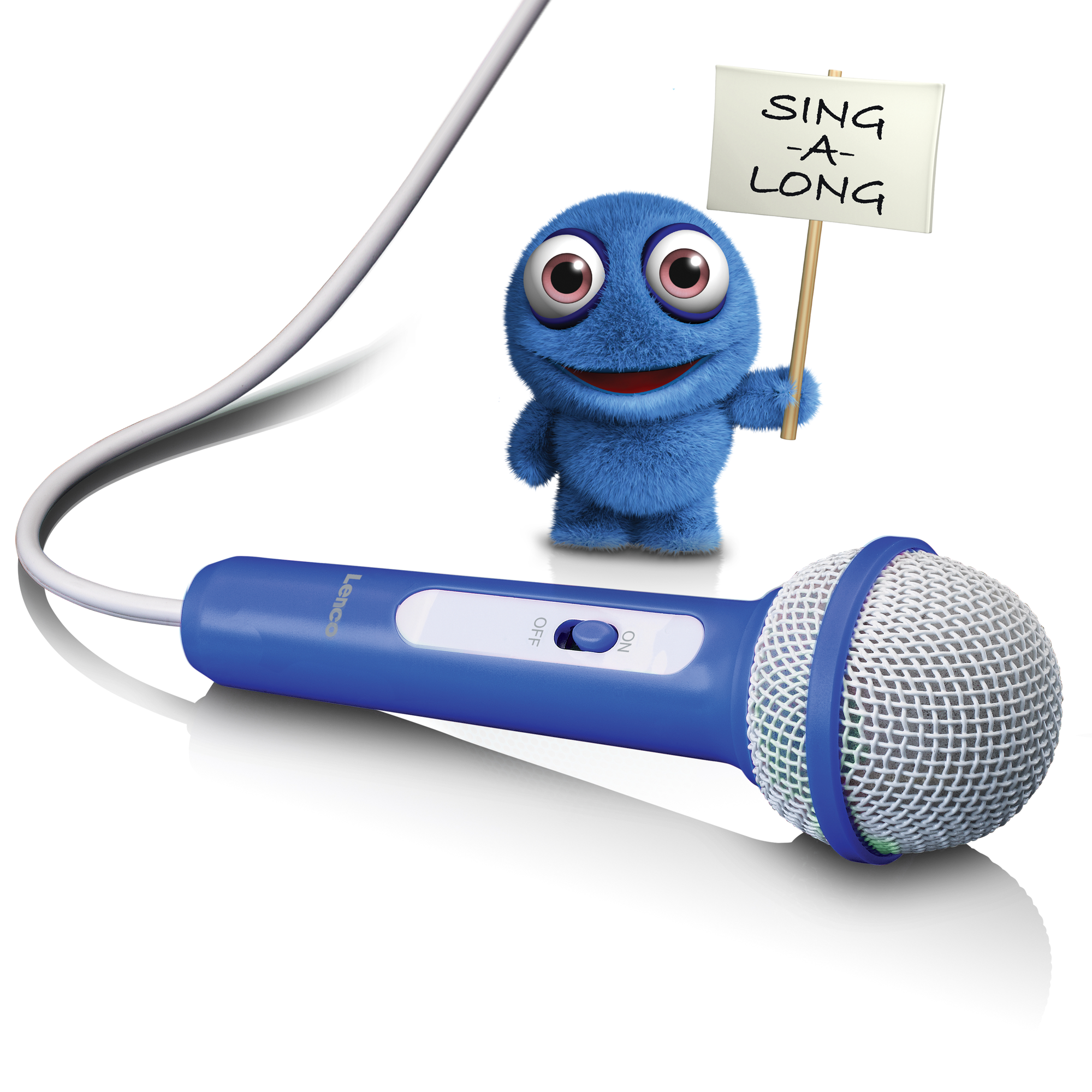 Personaggio blu dei cartoni animati che tiene in mano un cartello con scritto 'SING-A-LONG' vicino a un microfono.