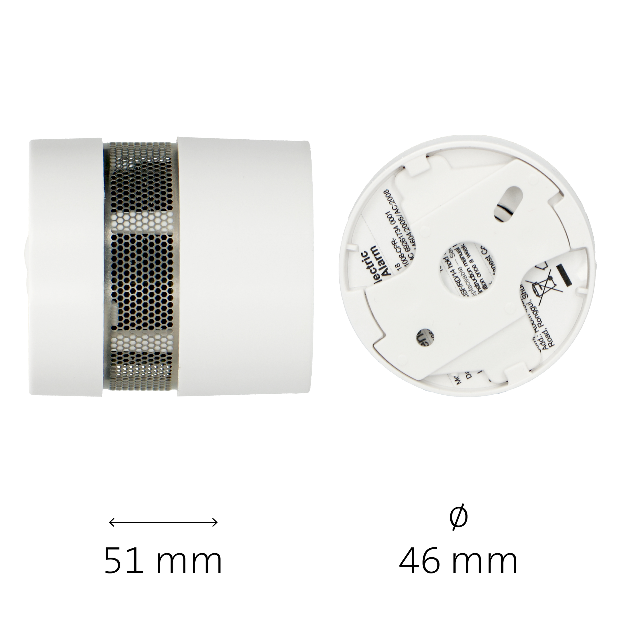 Biały czujnik dymu, widok z boku i od dołu, z wymiarami.