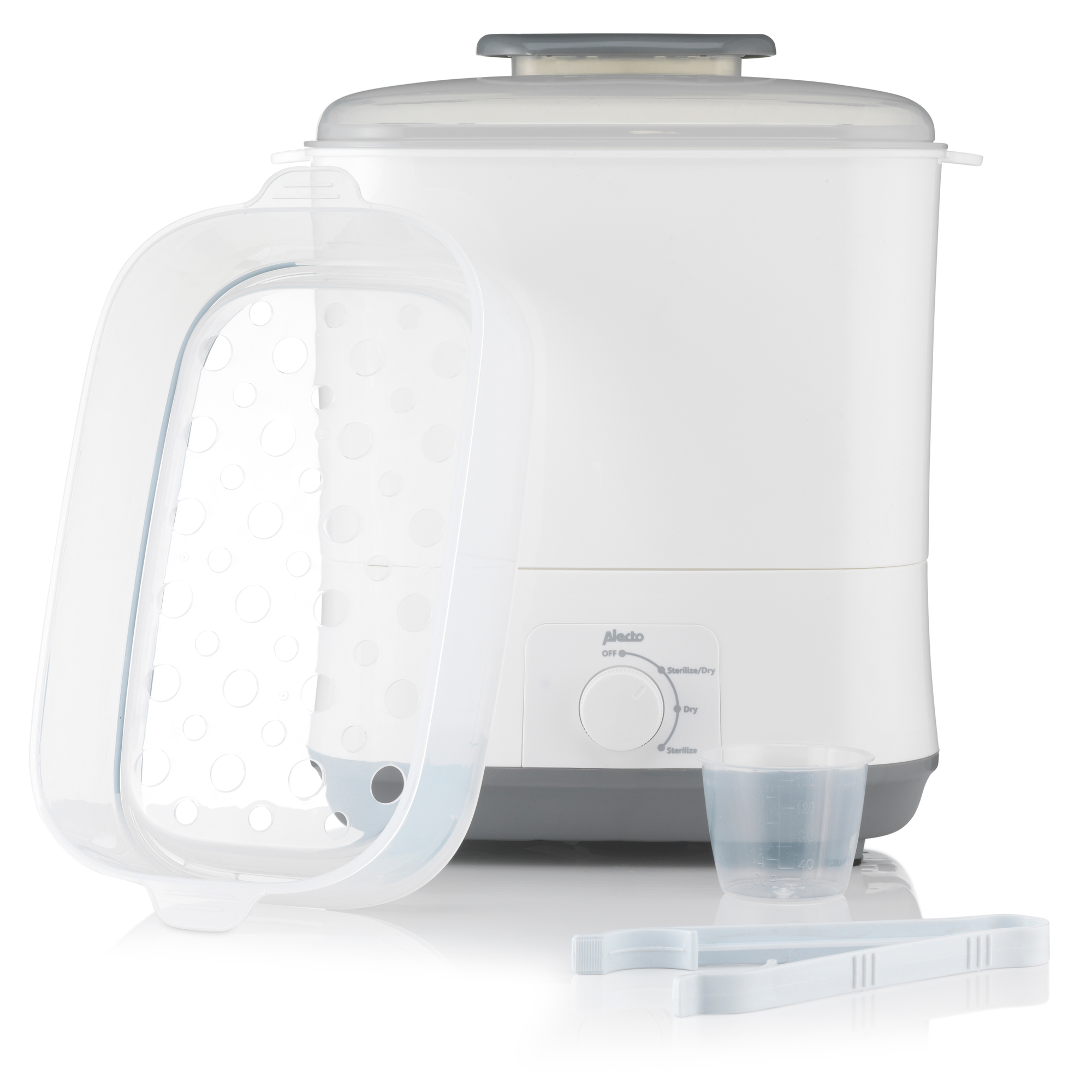 A white baby bottle sterilizer with accessories including a container and tongs.