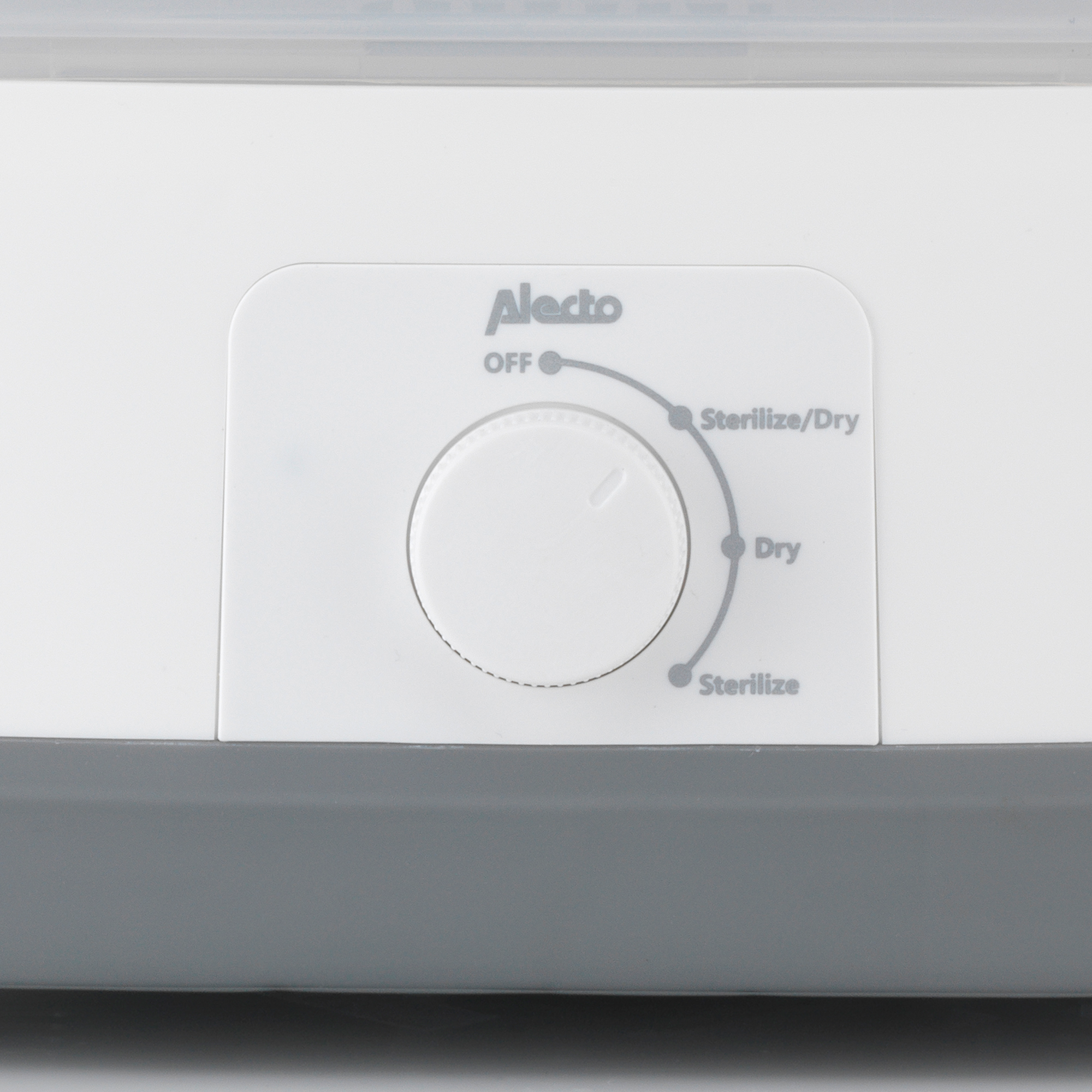 White control panel with a dial labeled 'Off', 'Sterilize/Dry', 'Dry' and 'Sterilize' on white.