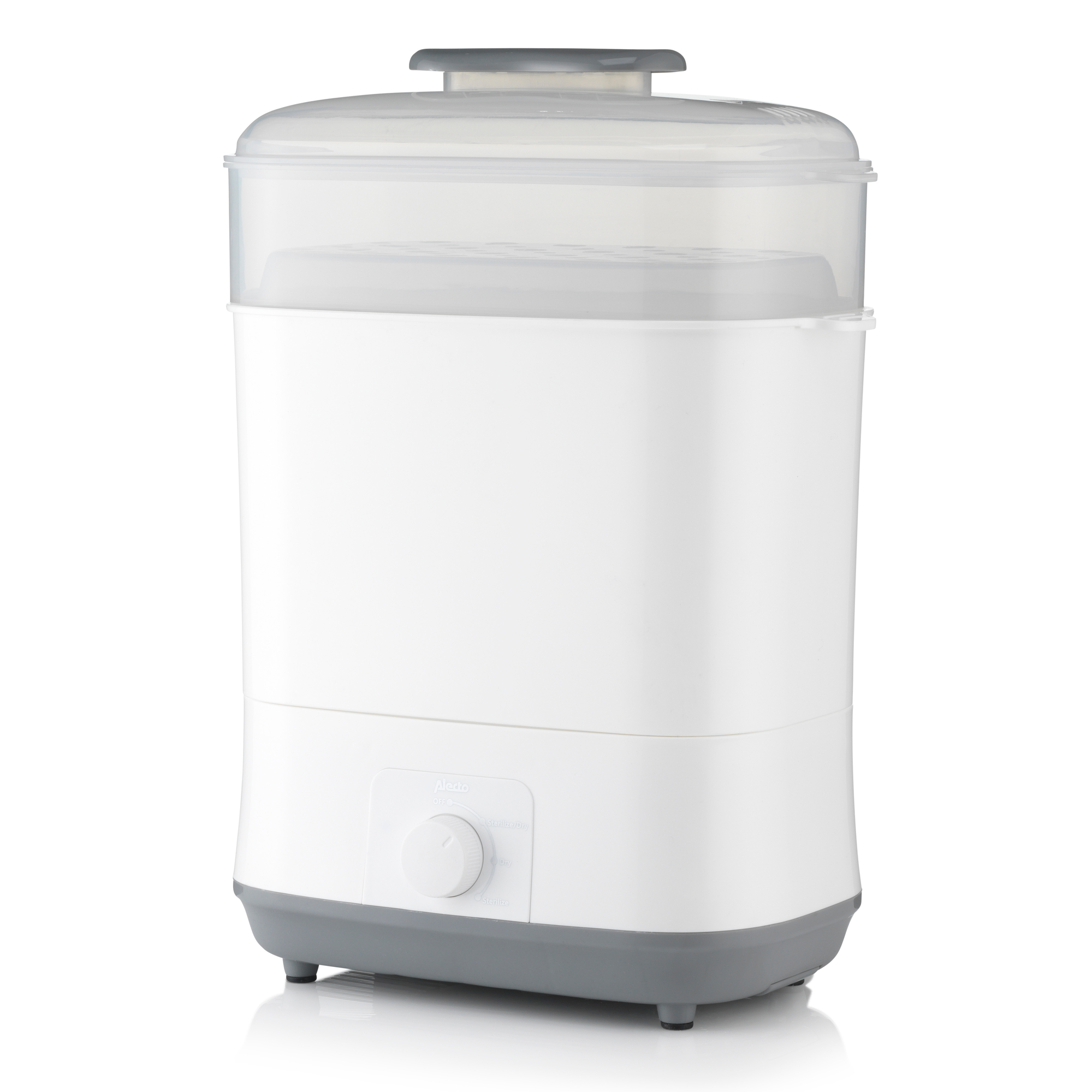 White baby bottle sterilizer, with a clear top section and a grey base.