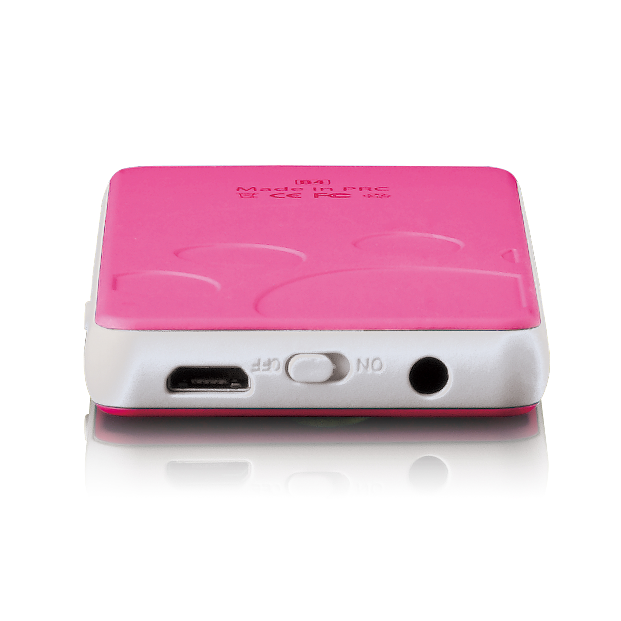Ein pink-weißer Mini-Lautsprecher mit Anschlüssen und einem EIN/AUS-Schalter.