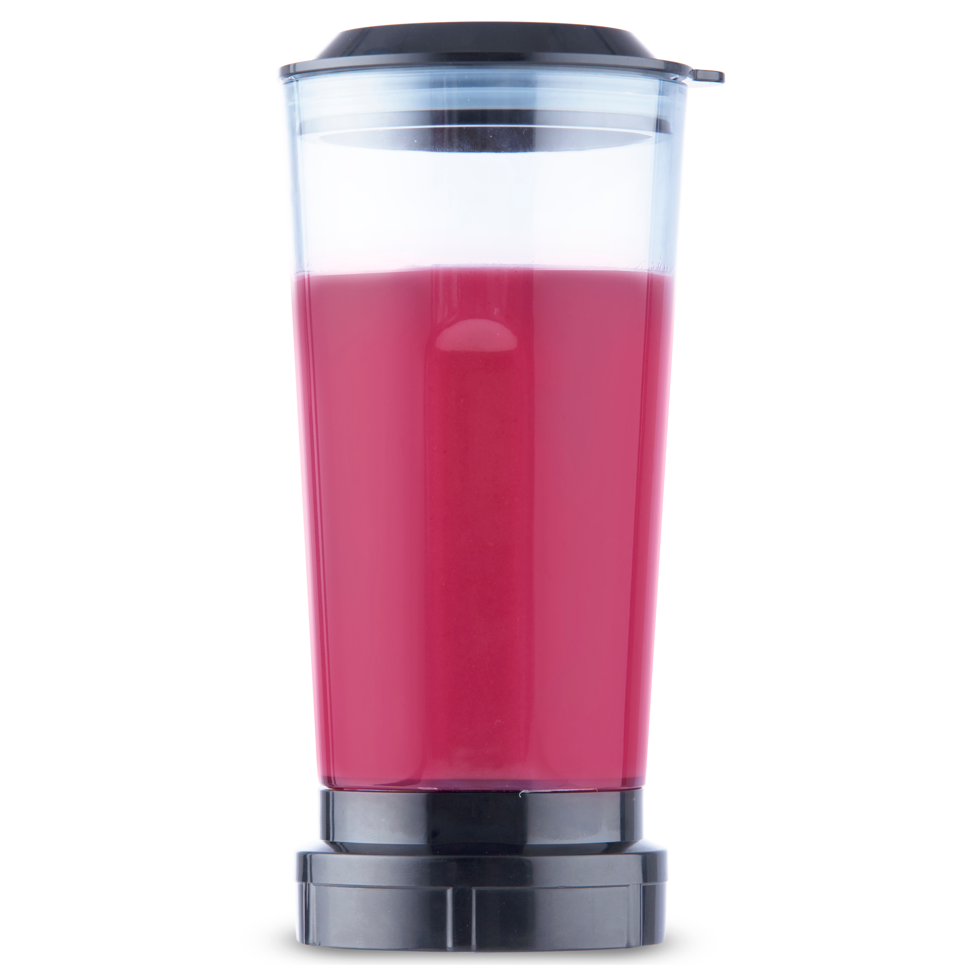 Tall blender cup filled with pink liquid, black base and top.