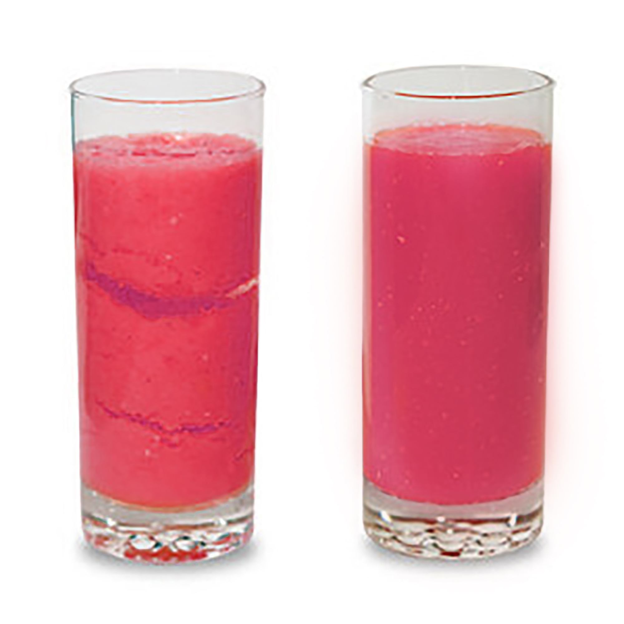 Two glasses of pink smoothie on a white background. One is layered, the other smooth.