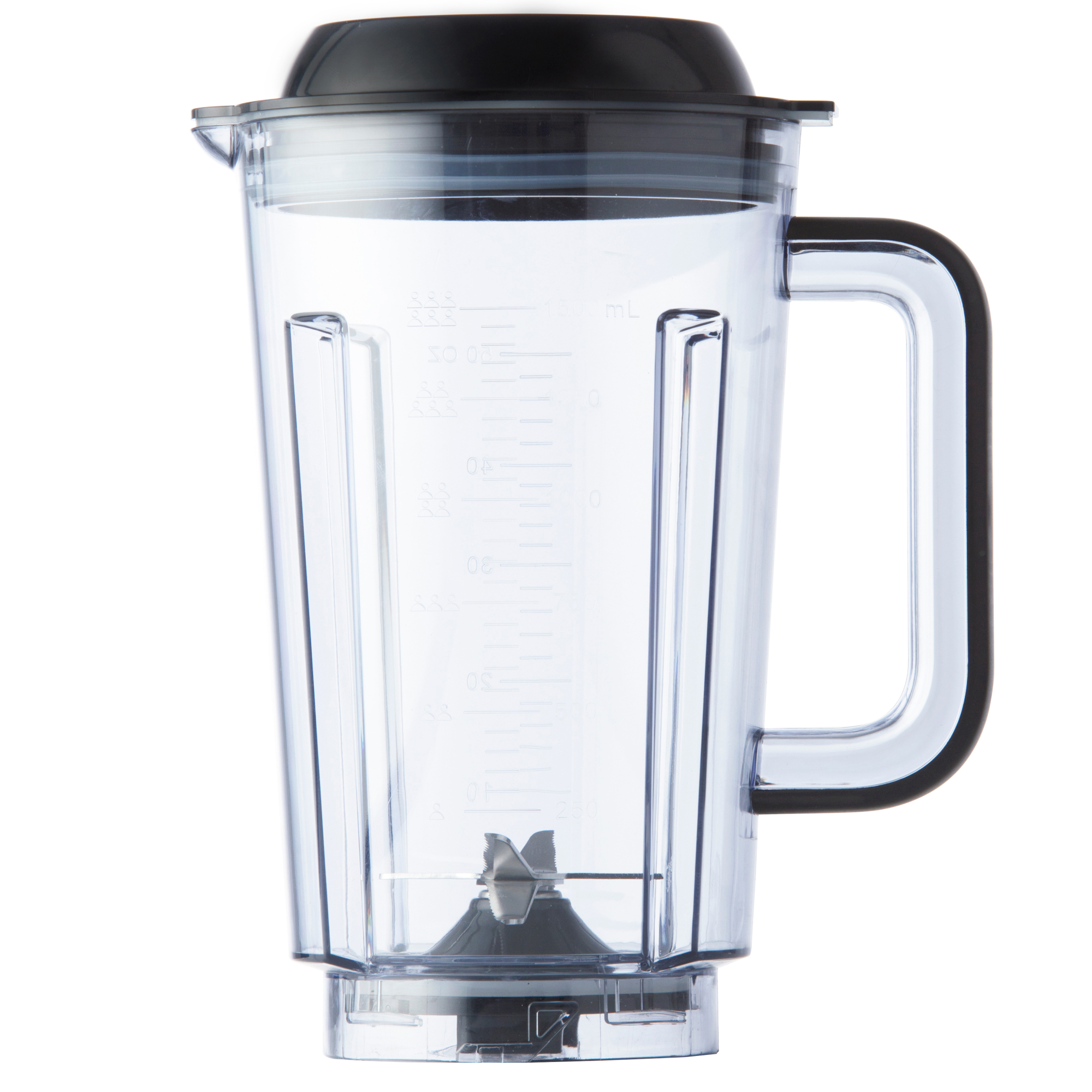 A clear blender jar with a black lid and handle, showing a blade inside.