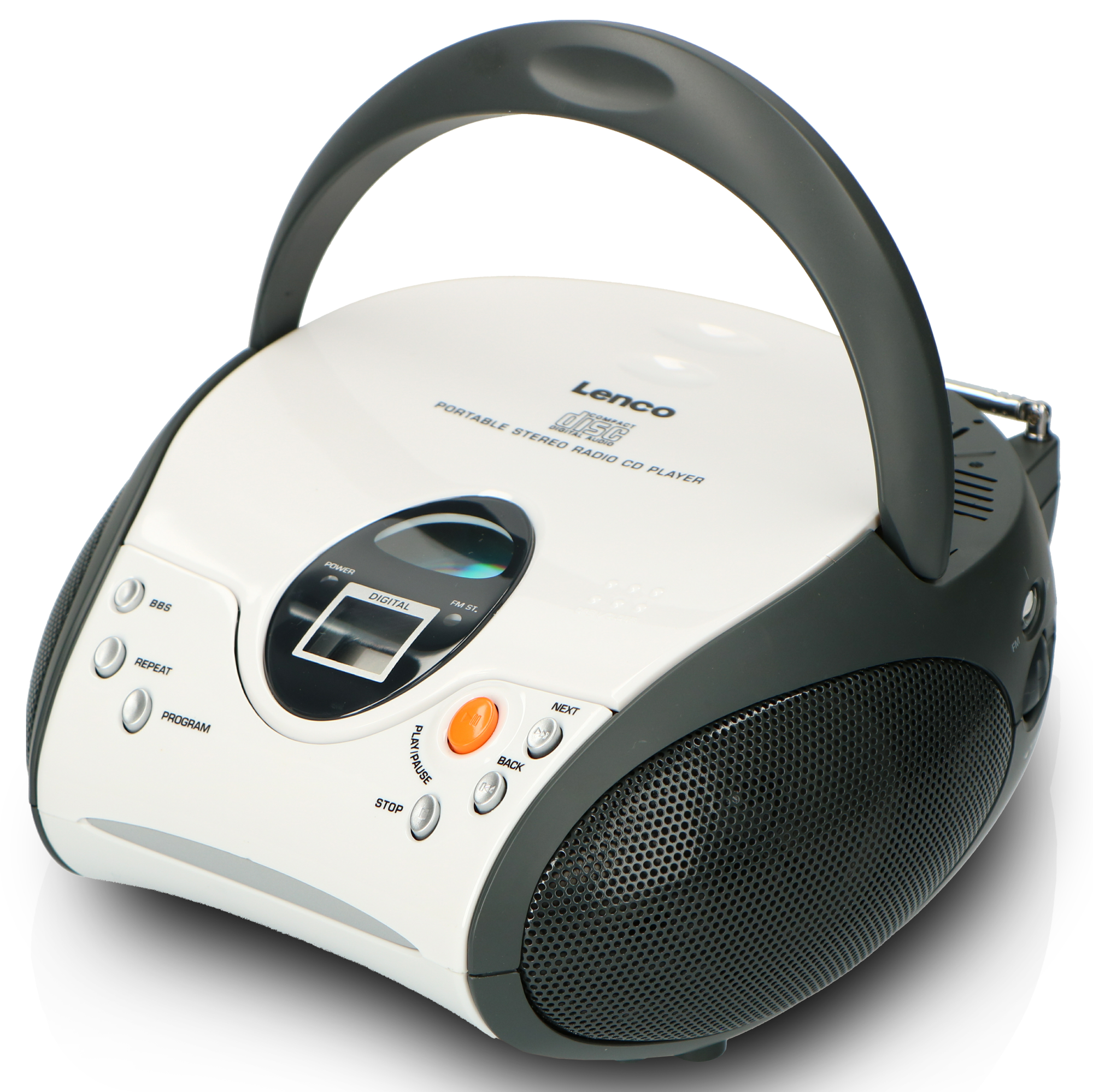 Ein weiß-grauer tragbarer CD-Player mit Griff, Knöpfen und Lautsprechergrill.