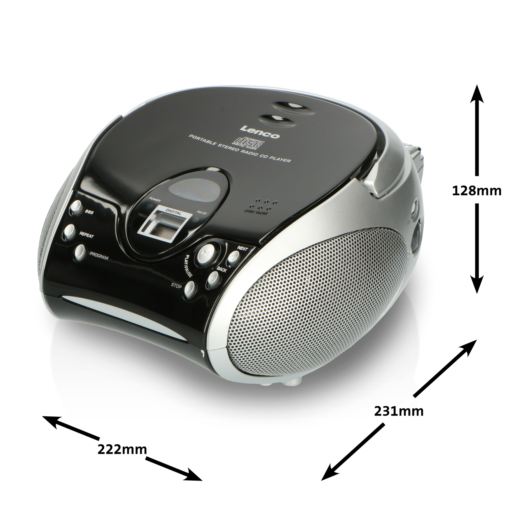 A black and silver portable CD player with buttons and a display. Dimensions are provided.