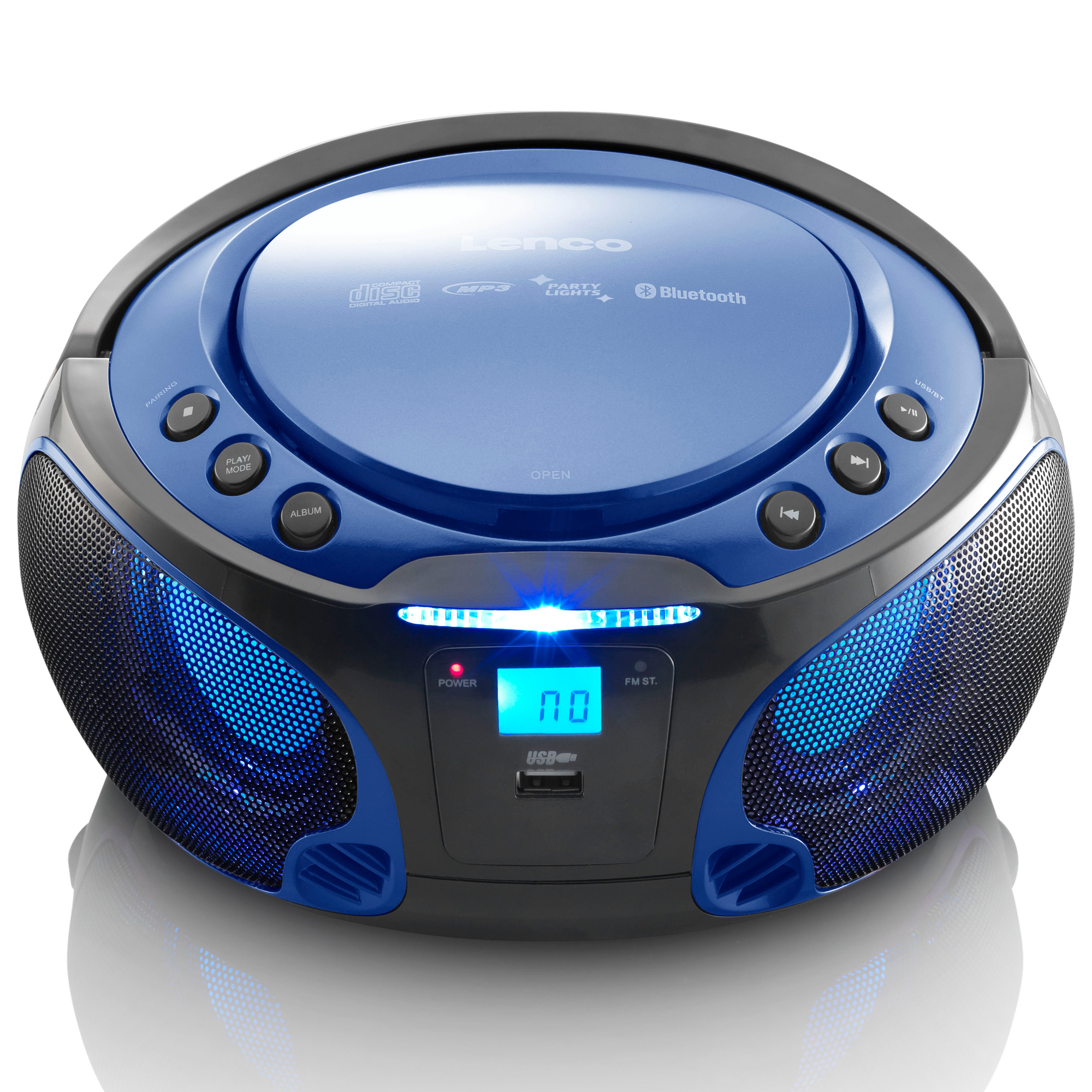 Blue and black portable CD player with buttons and a small display on white background.