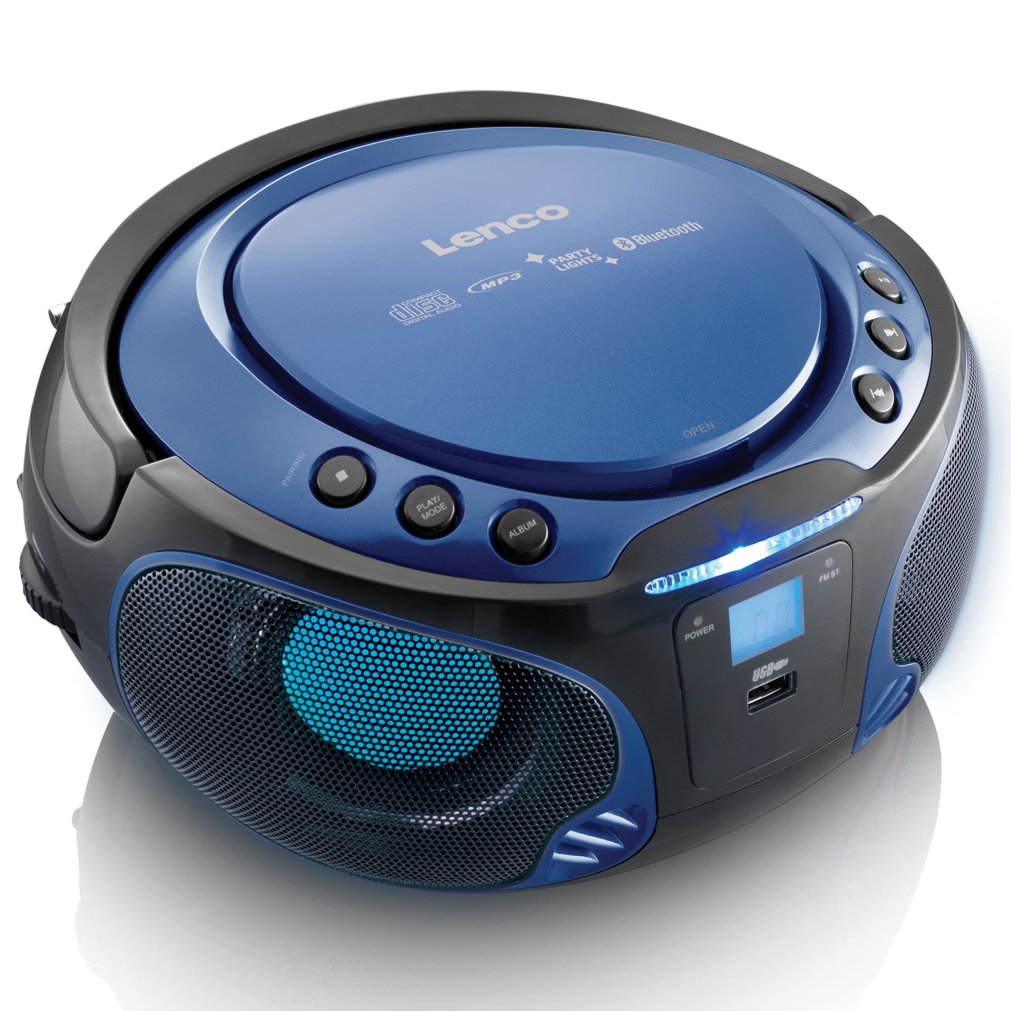 A blue and black Lenco CD player with MP3 and Bluetooth features, with a USB port.