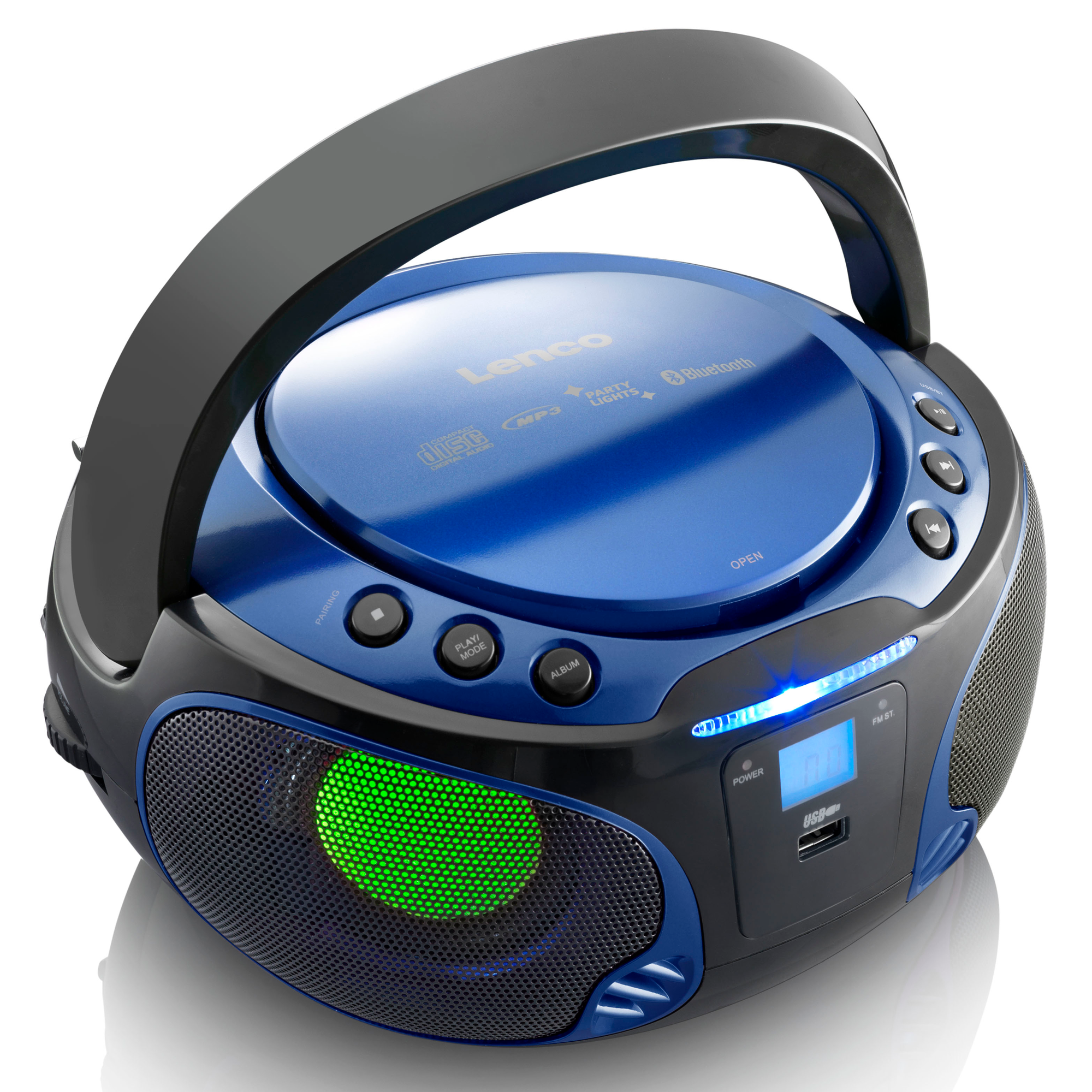 A blue and black boombox with a handle, buttons, and a screen. It has a green speaker and a silver CD slot.