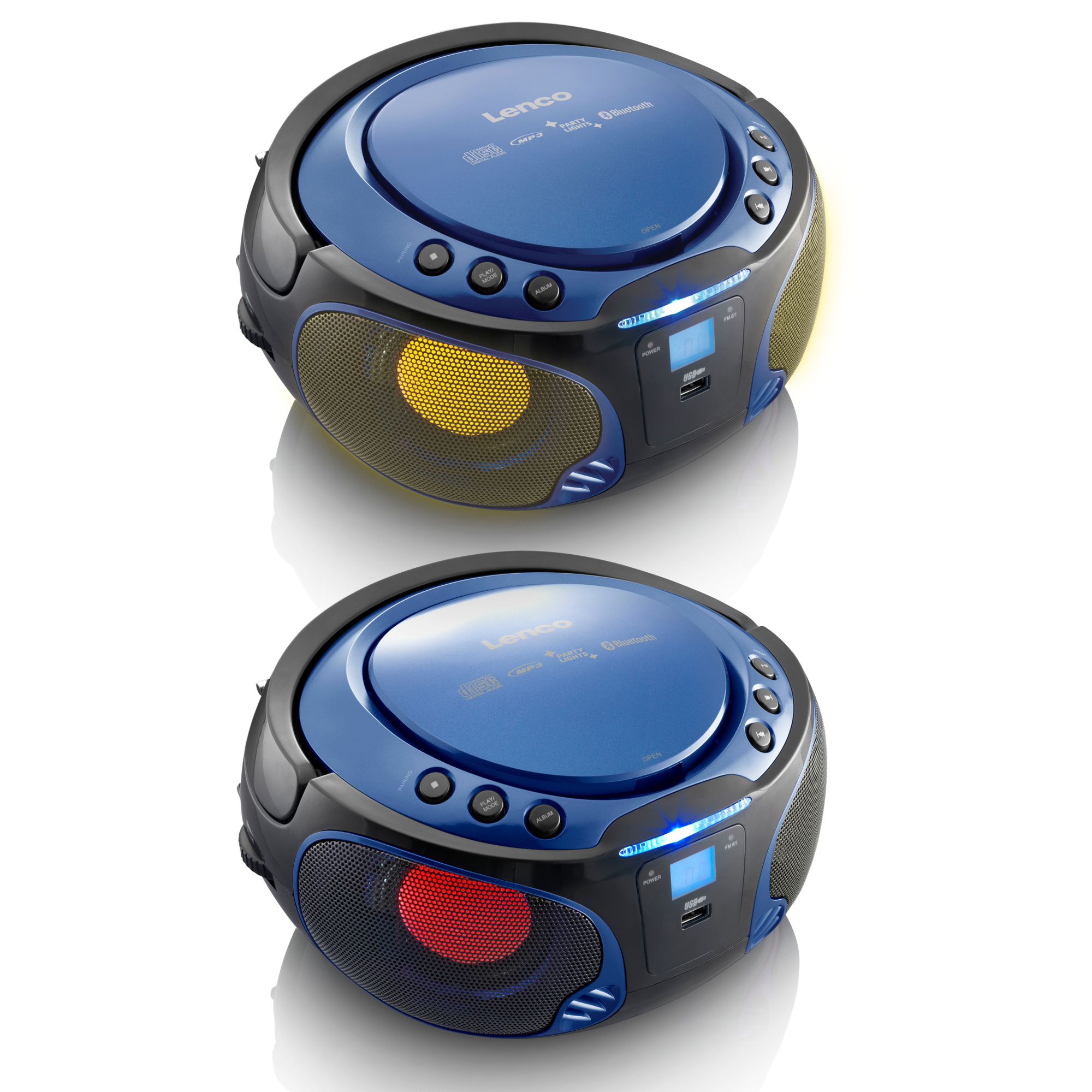 Two CD players, blue and black, with lights on the speaker.
