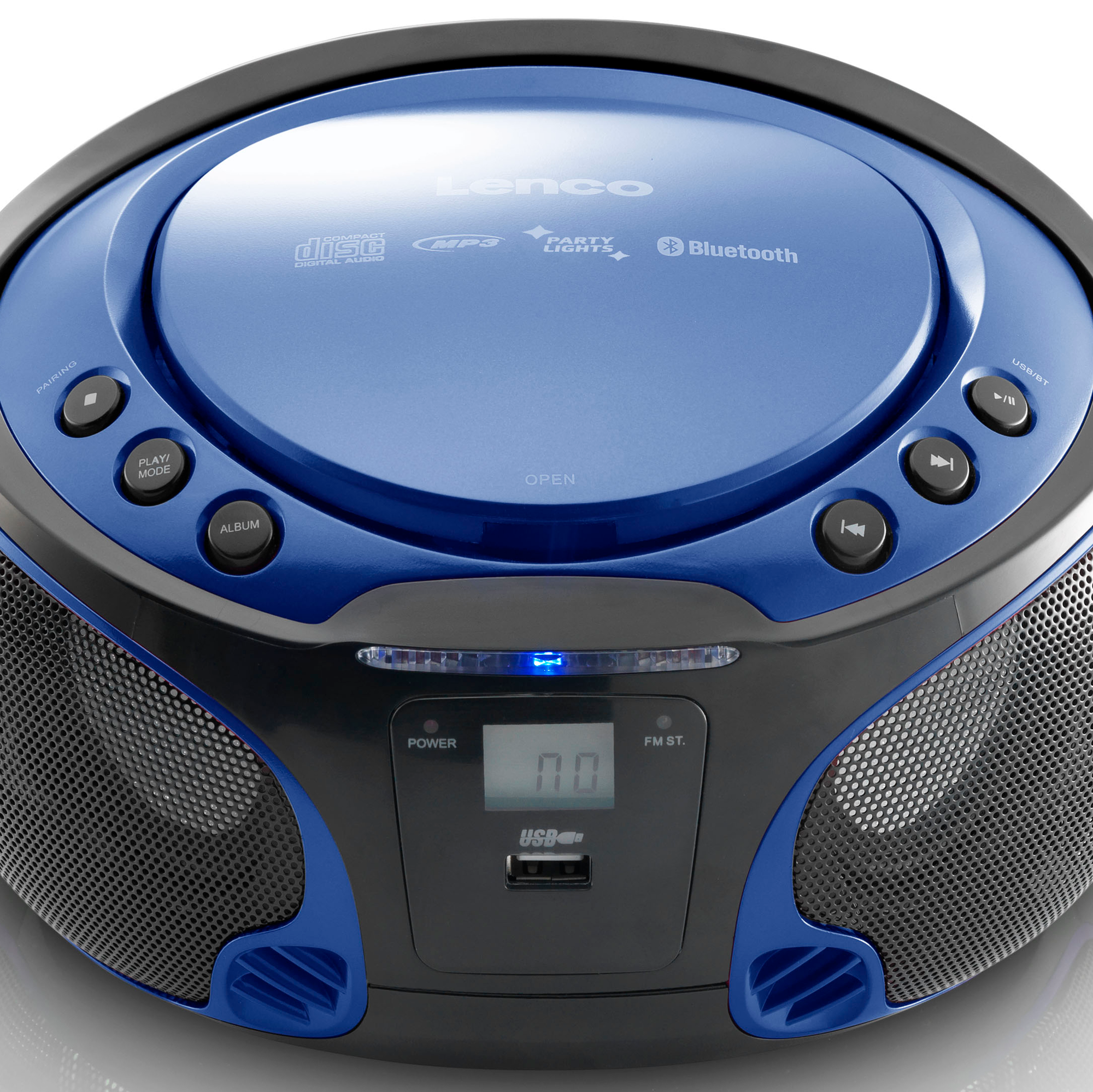 Blue and black radio with CD, MP3, Bluetooth and function buttons, a digital display.