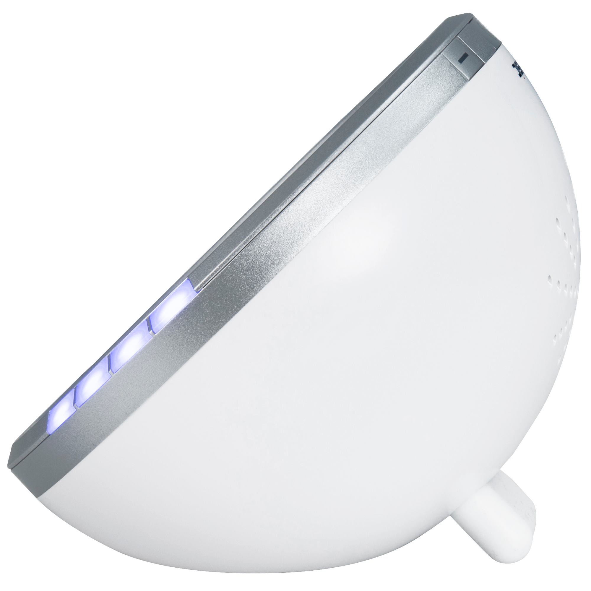 Weißes Lichttherapiegerät, abgerundete Form. Silberne Zierleiste mit blauem Licht. Seitenansicht, weißer Hintergrund.