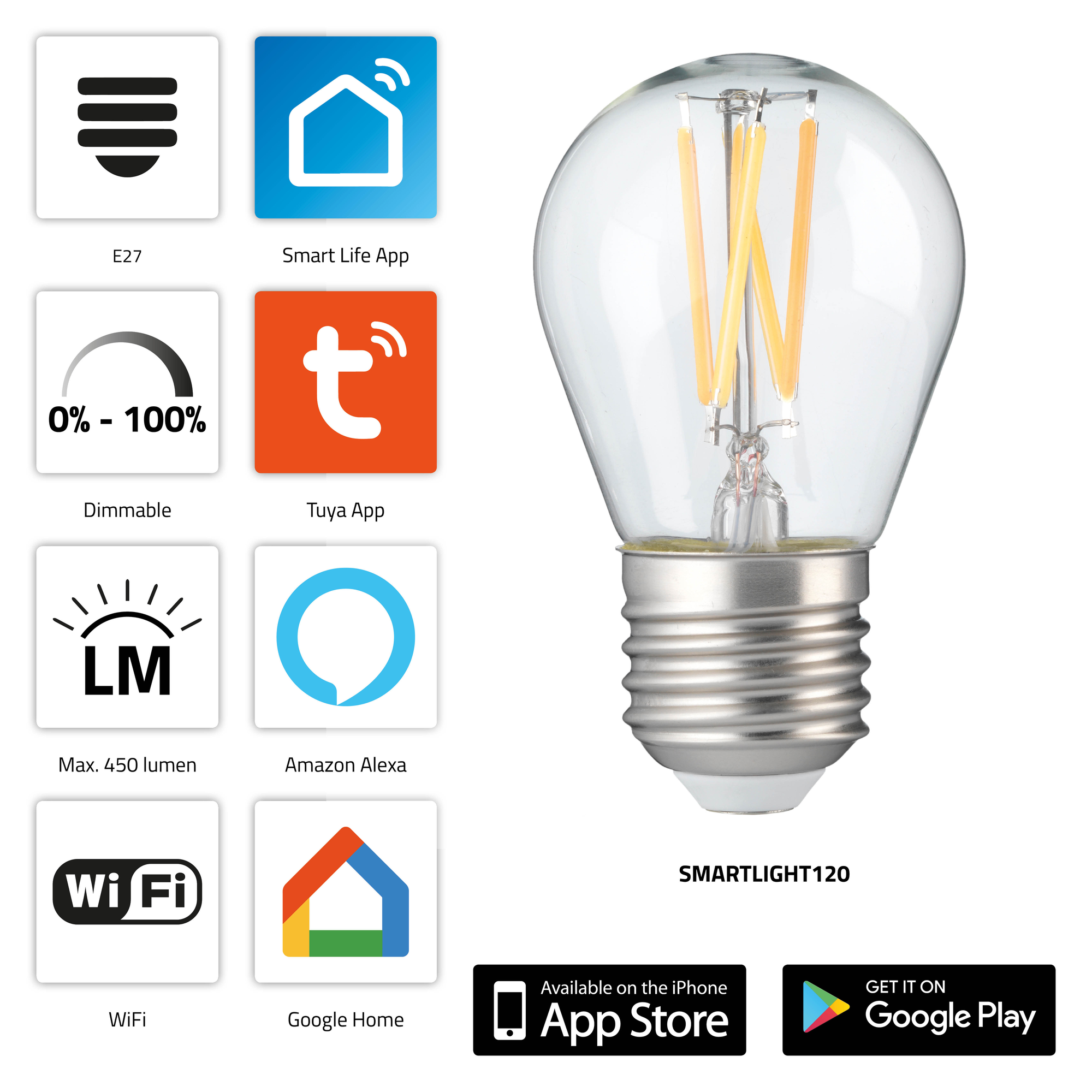 Eine intelligente Glühbirne mit Symbolen für E27, dimmbar, Lumen, WiFi und App-Kompatibilität: Smart Life, Tuya, Alexa, Google Home.