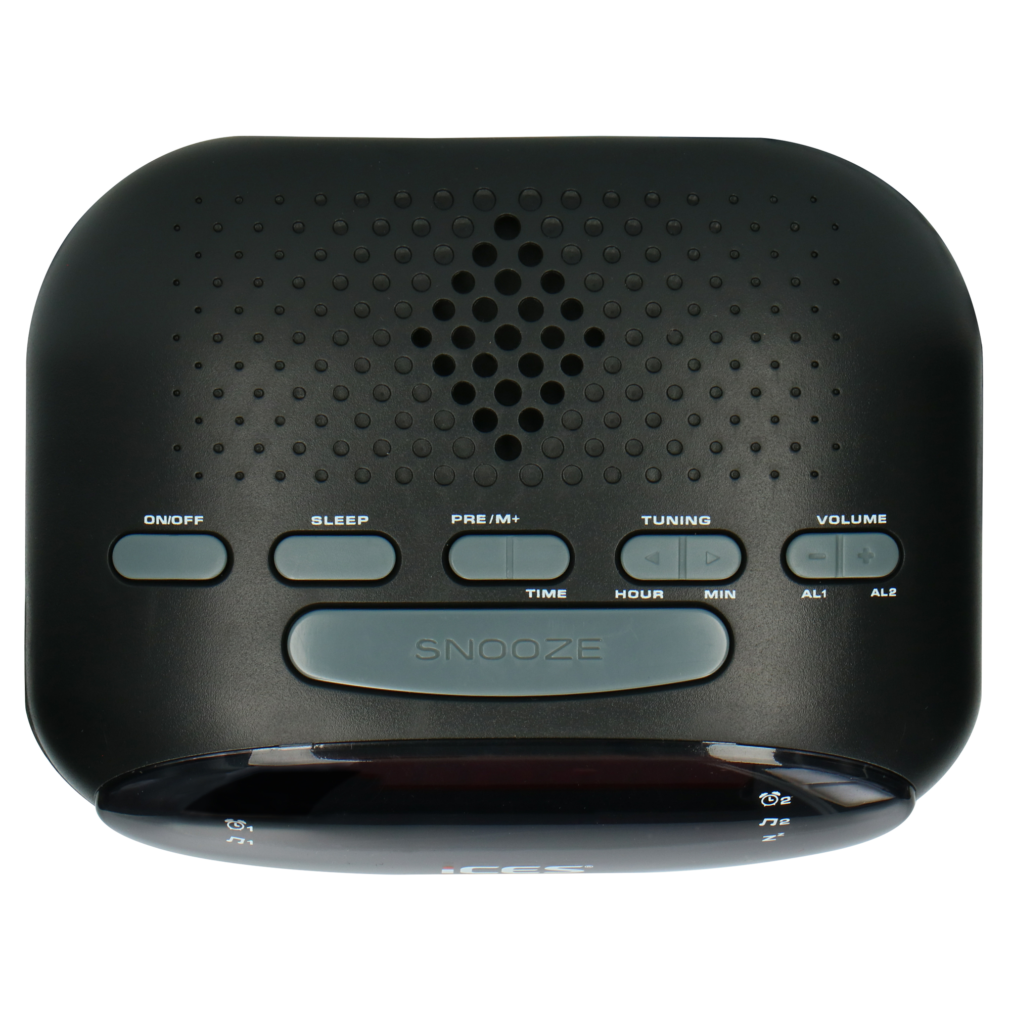 Czarny budzik cyfrowy z przyciskami, głośnikiem i wyświetlaczem.