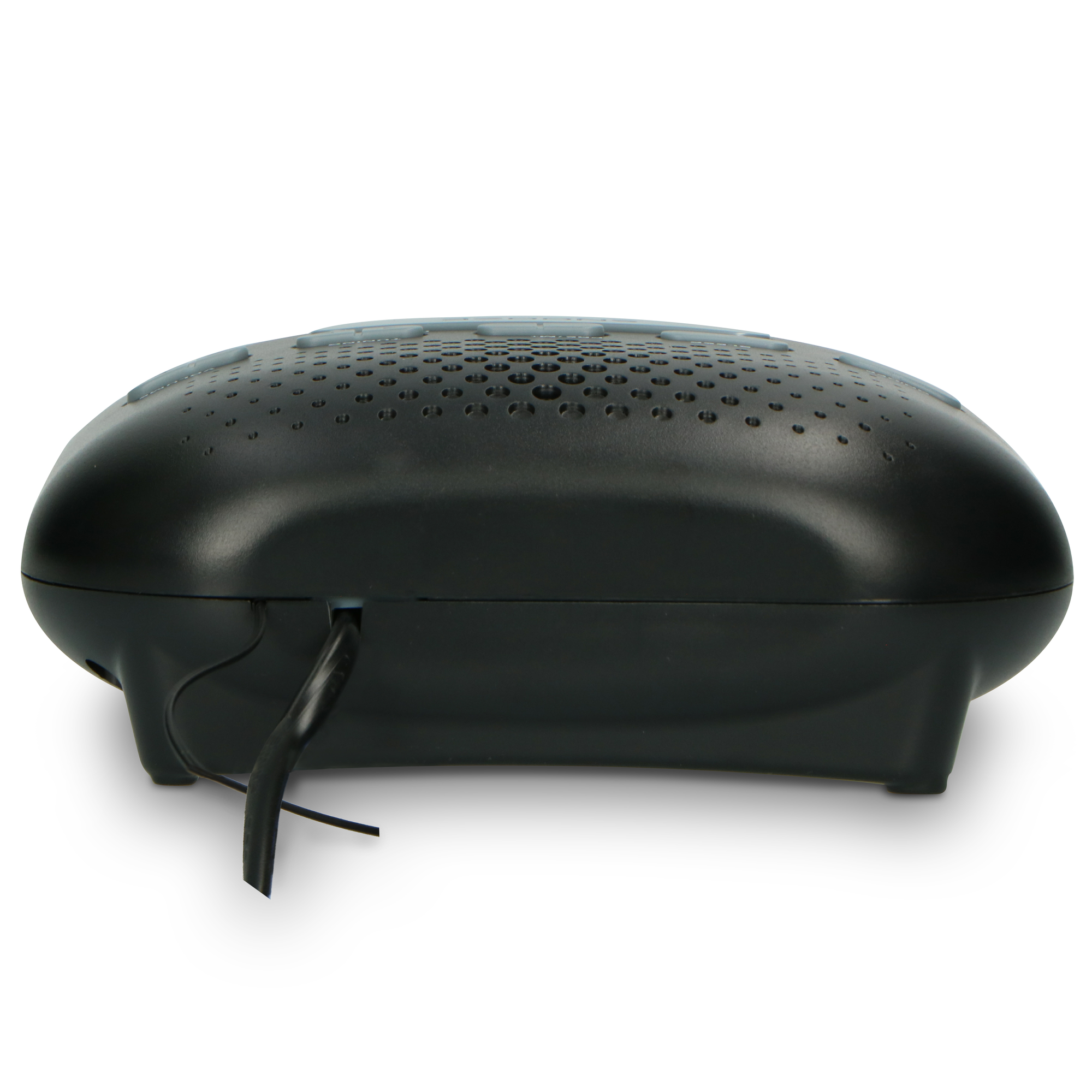 Czarny głośnik, owalny kształt. Wiele otworów na górze. Czarny przewód wychodzi z boku.