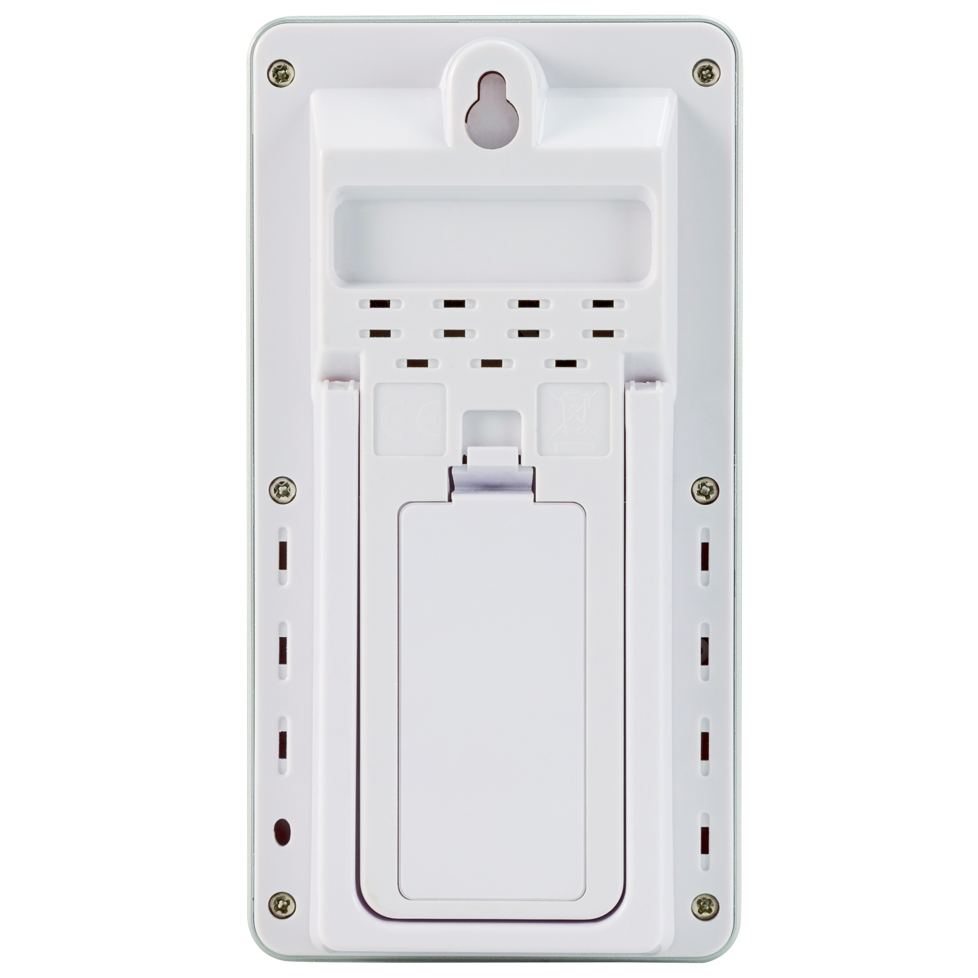 Retro di un termometro bianco. Ha un foro per appenderlo, un vano batteria e fori per viti.