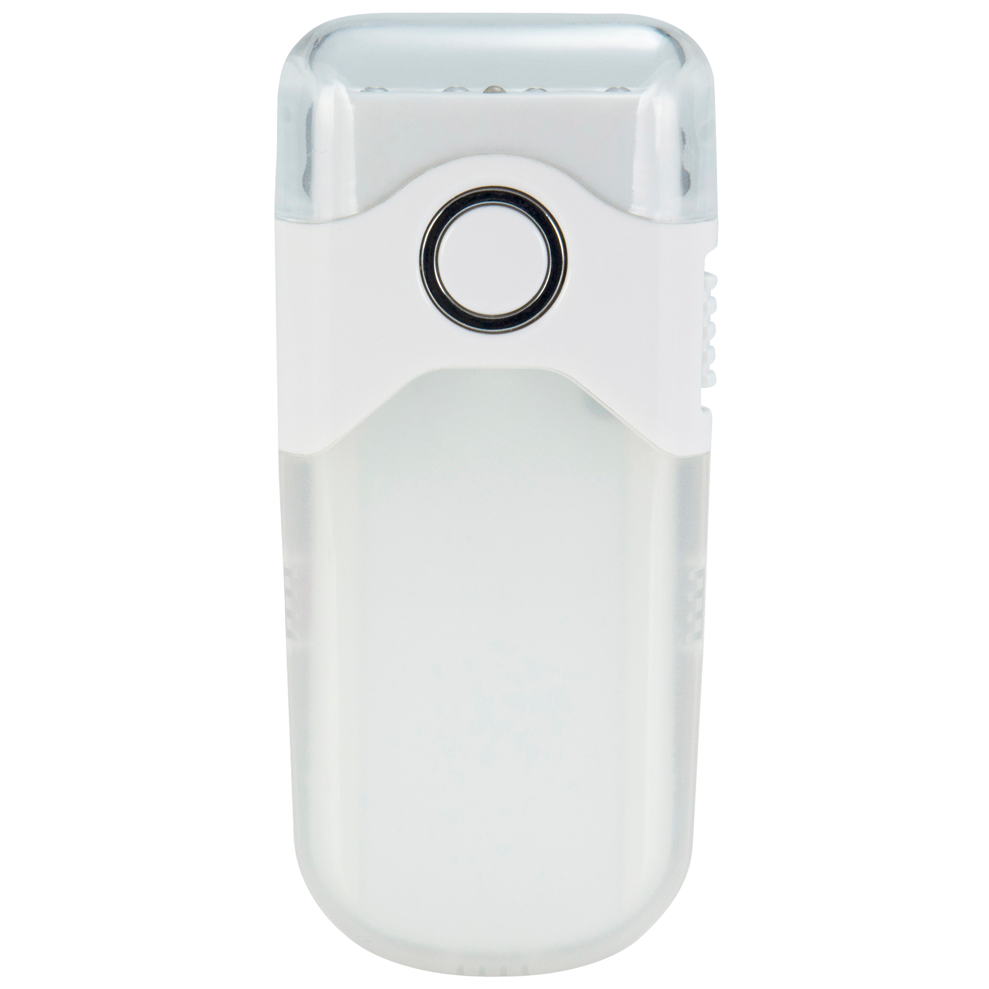 A white and clear night light with a button on the front. It has a round, black center.