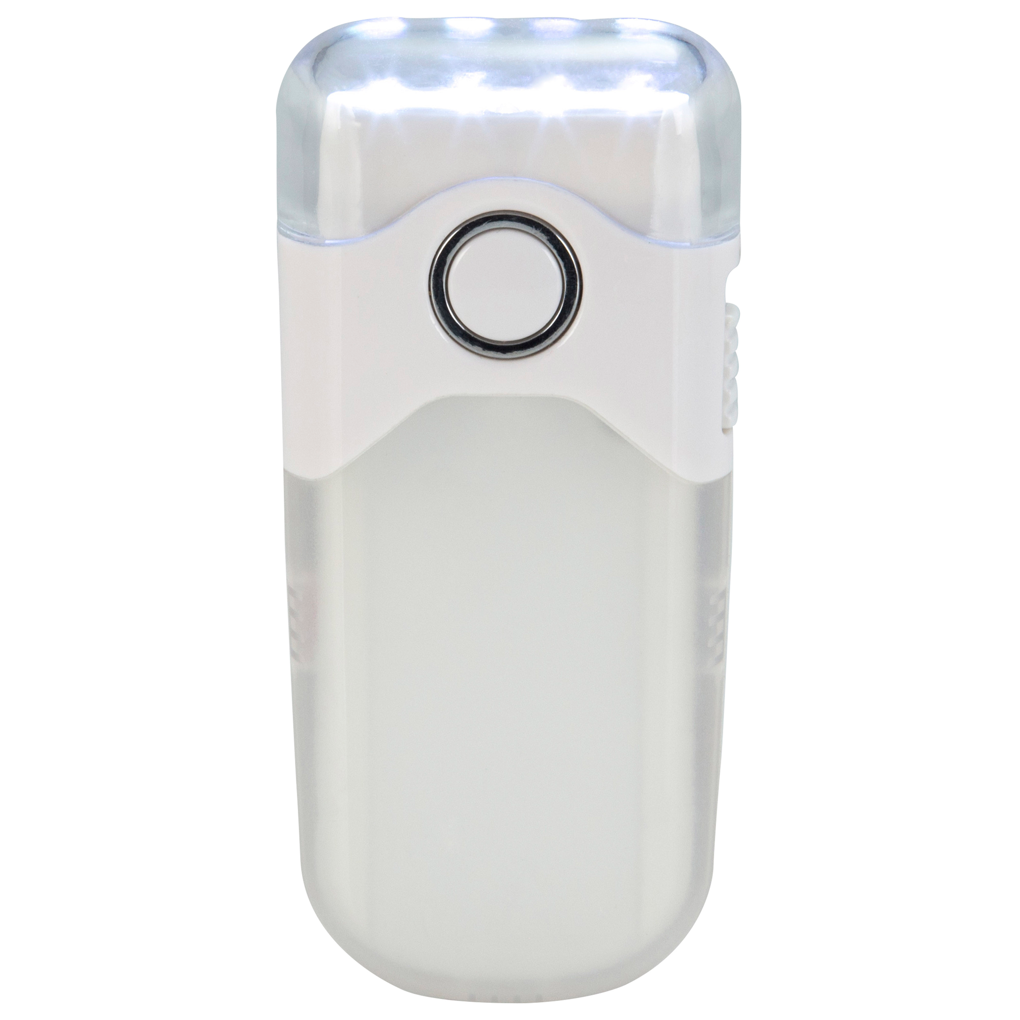 A white, cylindrical flashlight with a clear top with LEDs and a white button.