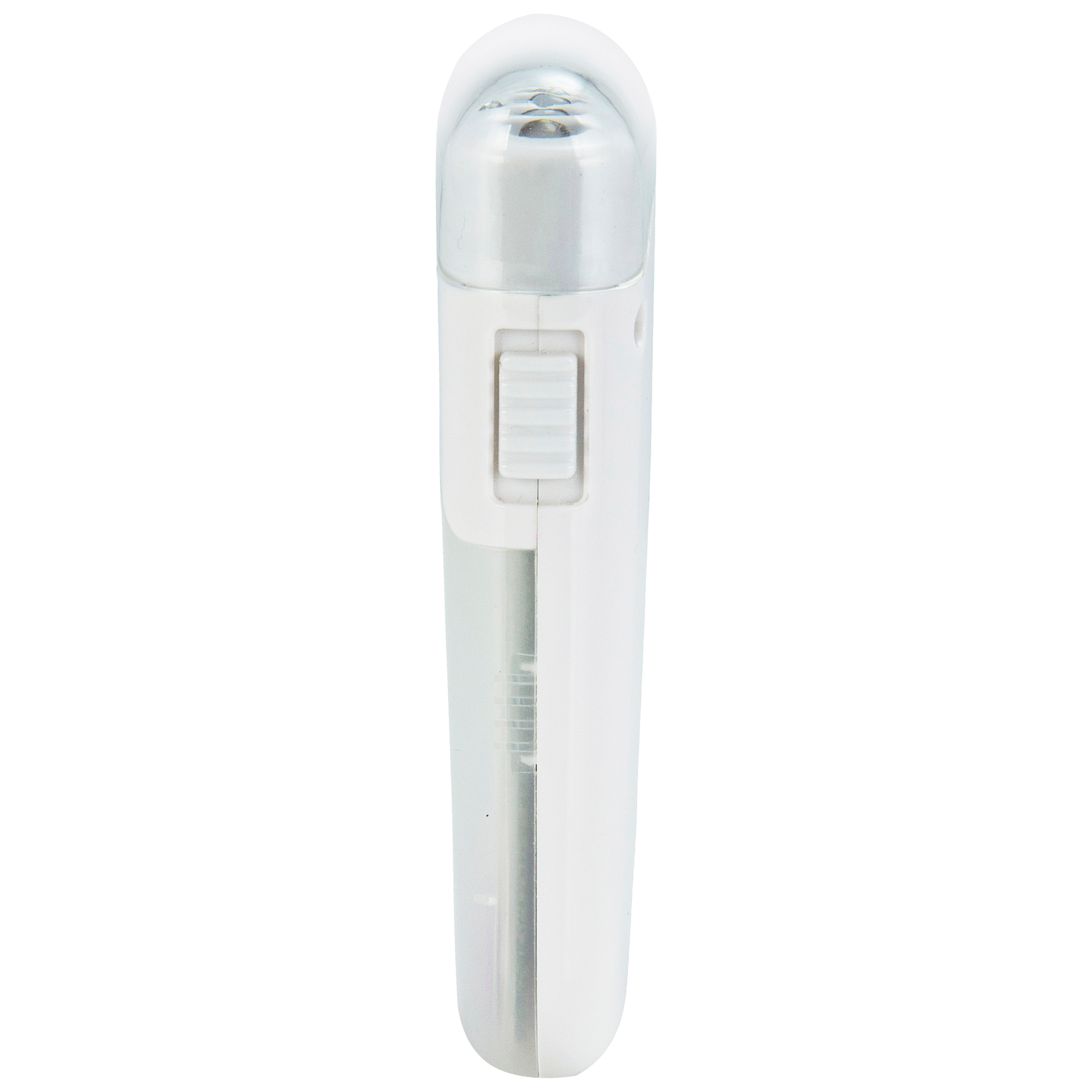 A white electric eraser with a clear plastic cover. It is a handheld device with a button on the side.