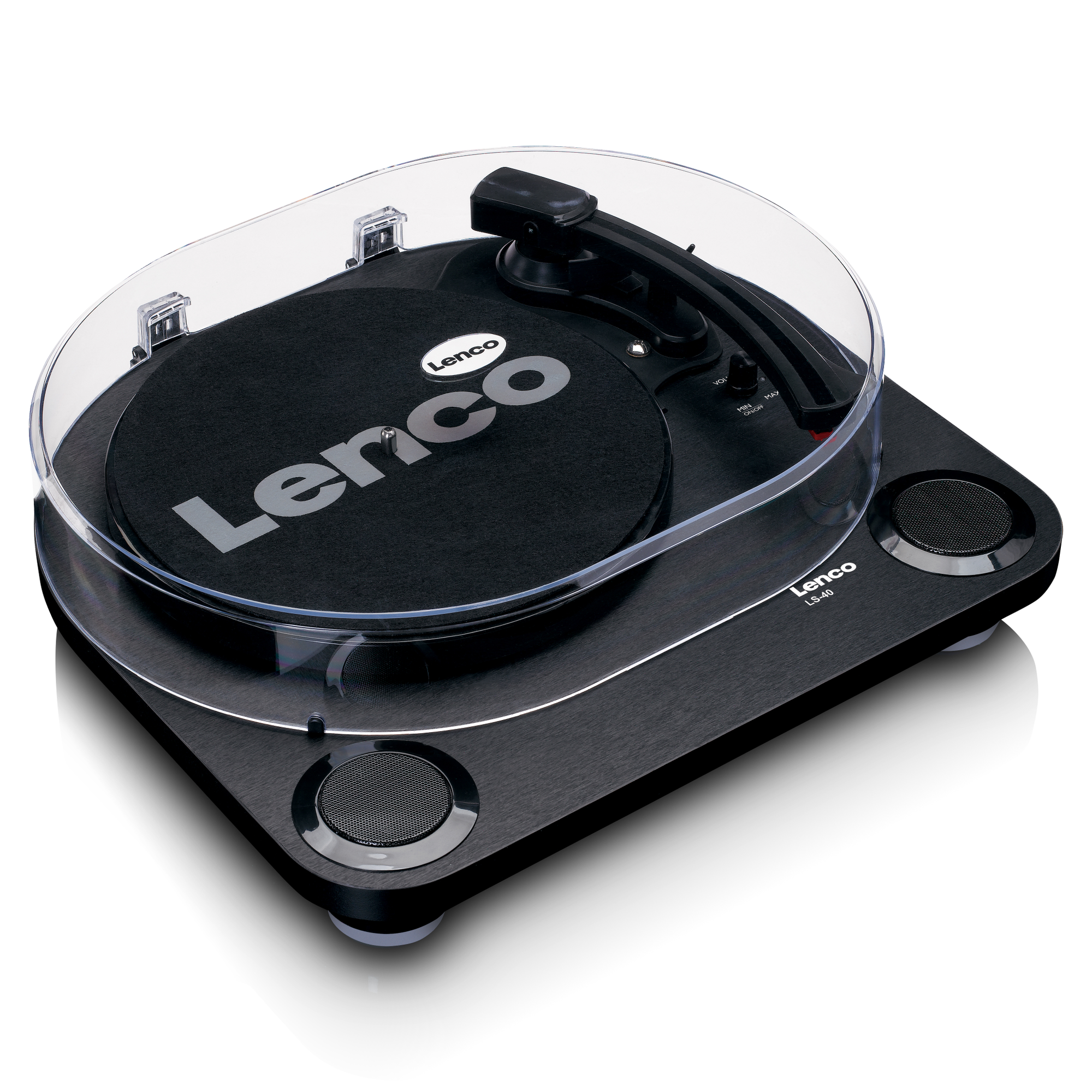Schwarzer Lenco Plattenspieler mit transparentem Deckel. Der Plattenspieler steht auf einem schwarzen Sockel. Lenco LS-4 ist das Modell.