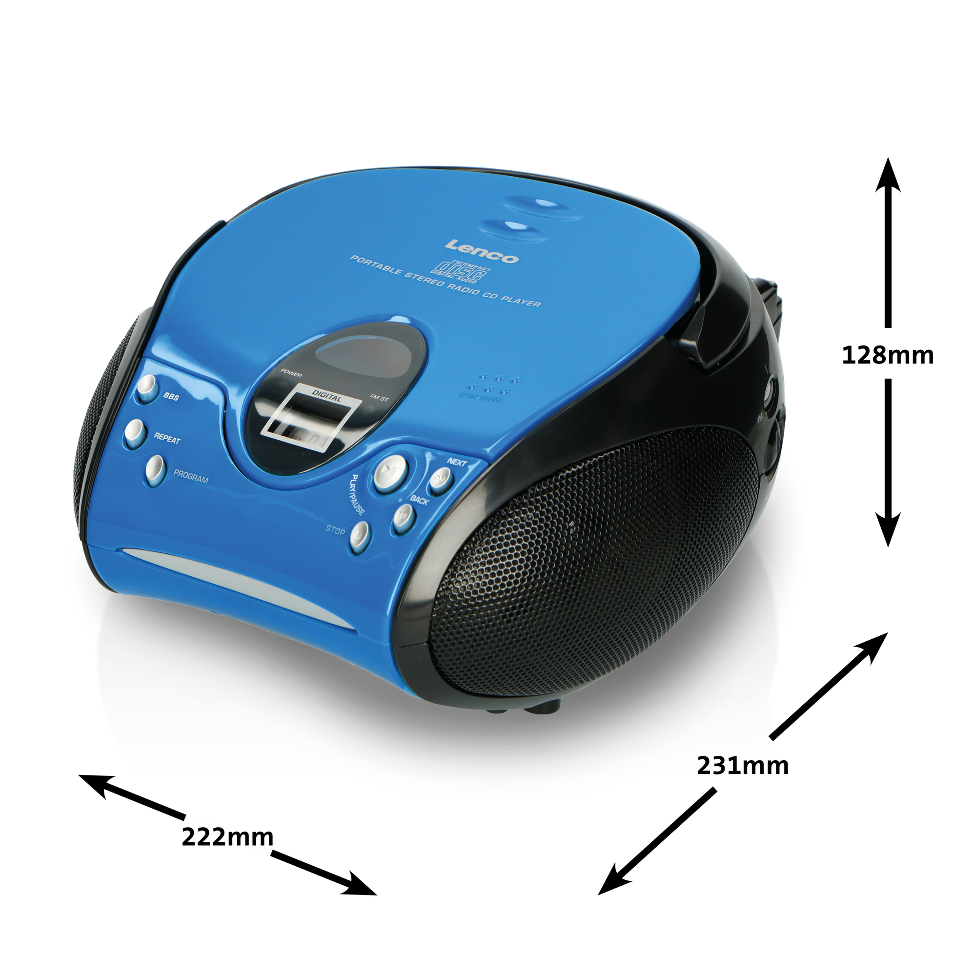 Blau-schwarzer tragbarer Stereo-Radio-CD-Player. Abmessungen sind 222x231x128mm, mit Pfeilen, die die Größen angeben.