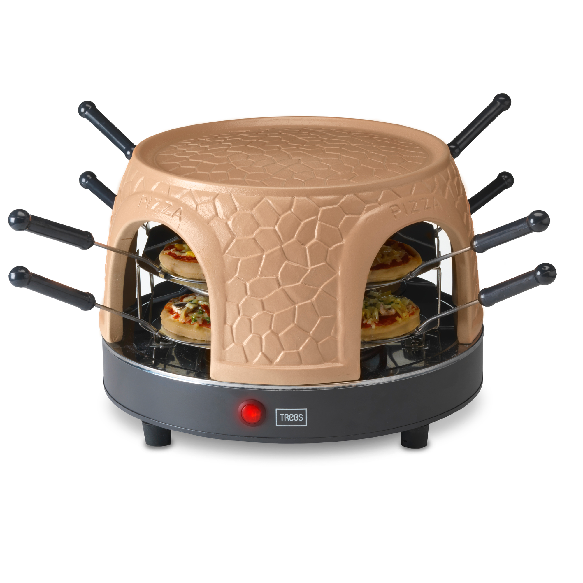 Un forno per pizza beige con pizza all'interno e manici neri.