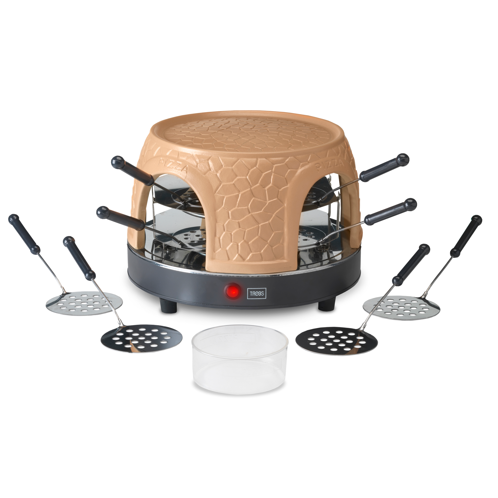 Forno per pizza con manici neri, utensili argentati e contenitore trasparente. Forno beige su sfondo bianco.