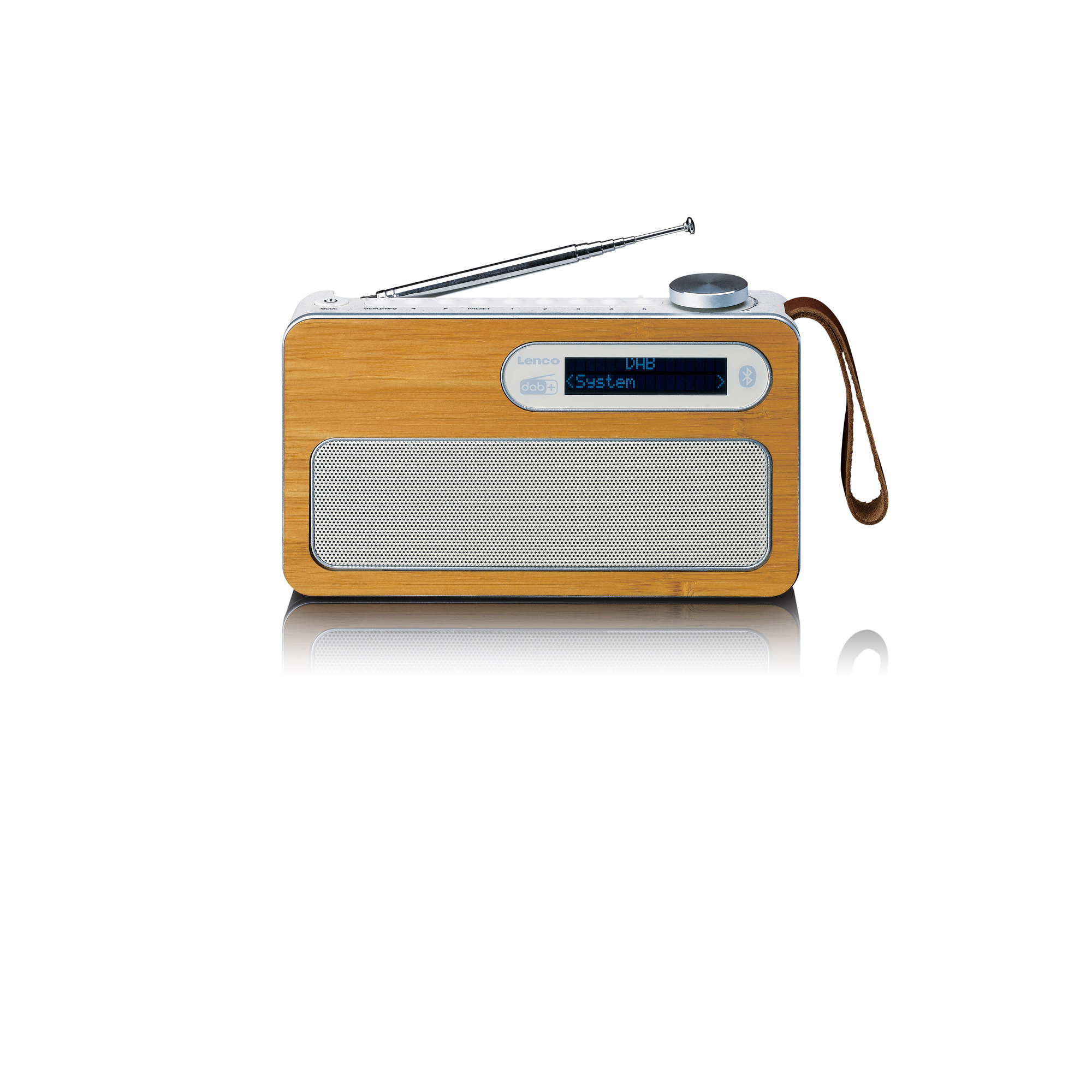 Ein Holzradio mit kleinem Bildschirm, silbernem Lautsprechergrill und braunem Lederriemen. Es hat ein Lenco-Etikett.